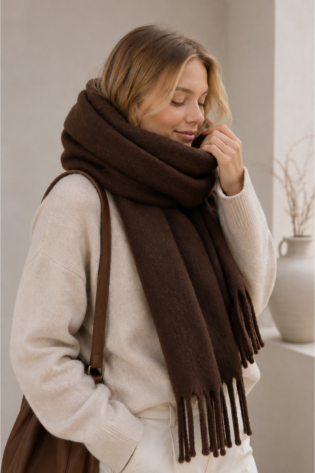 Salt & Sandy Unisex Premium Soft Buklet Atkı, Yumuşak Dokulu Saçaklı Kışlık Atkı - KAHVE