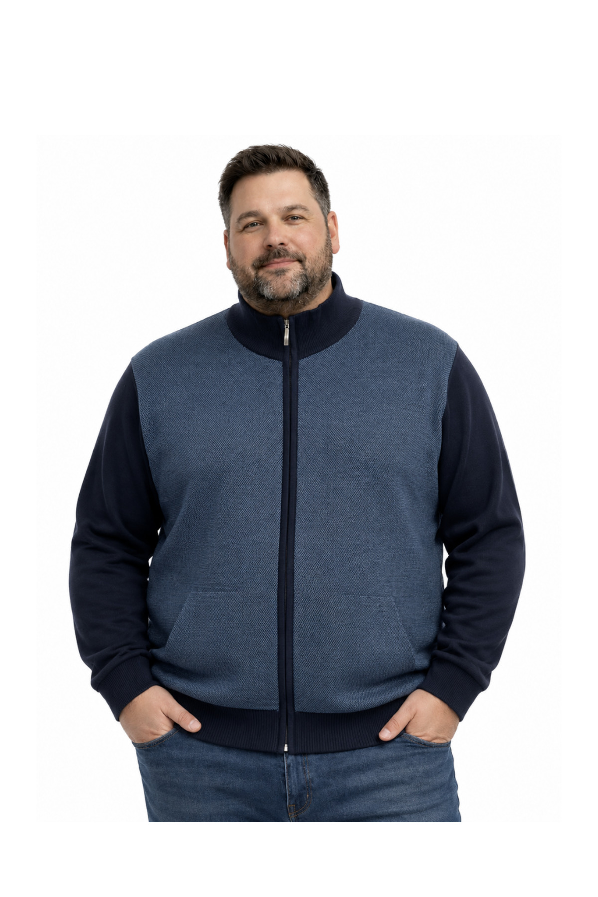 BattalModa Erkek Büyük Beden Lacivert Arven Dik Yaka Cepli Triko Hırka 5XL-6XL-7XL-8XL