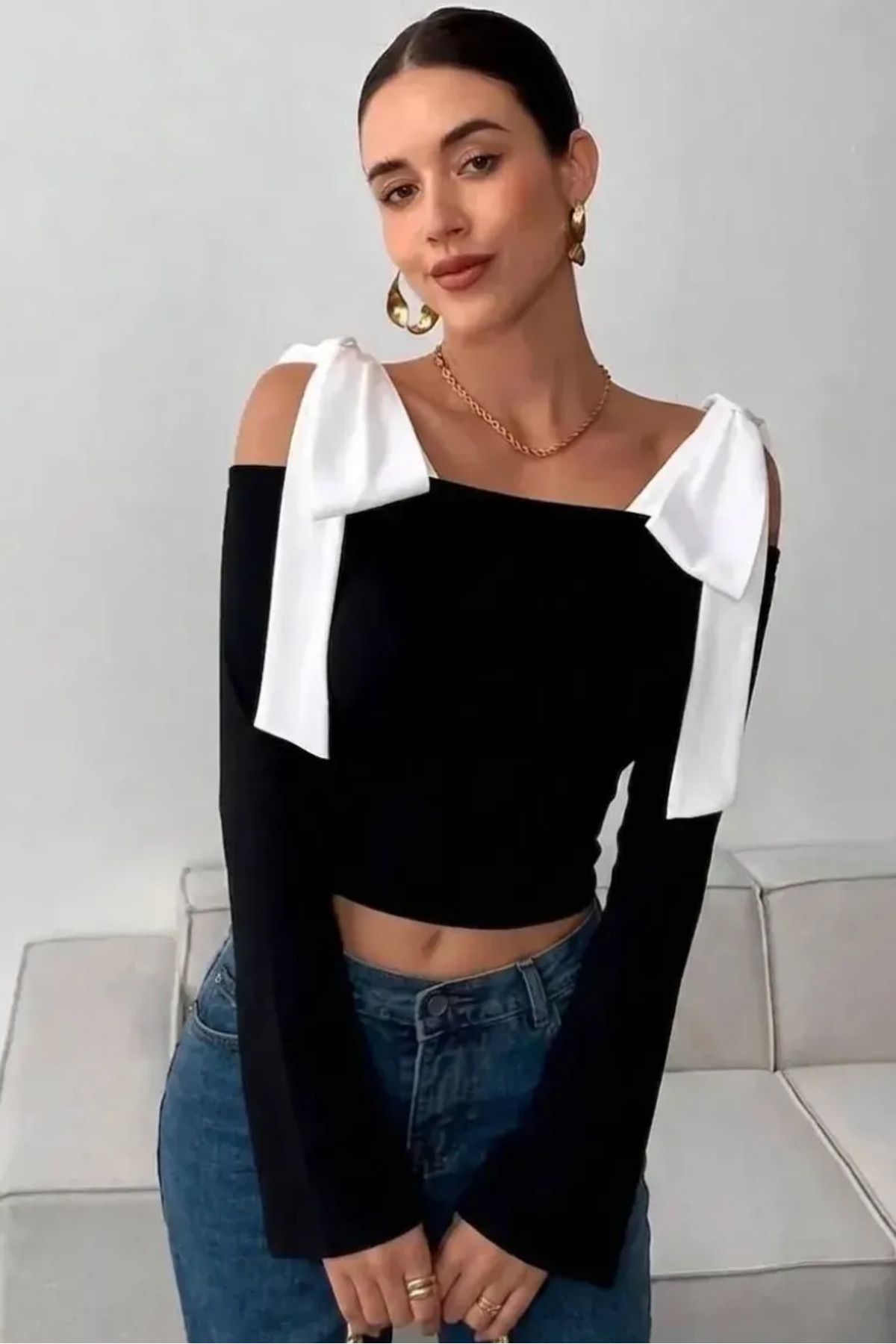 World Fashion Trends Bağlama Detaylı Uzun Kollu Bluz - Siyah görsel 5