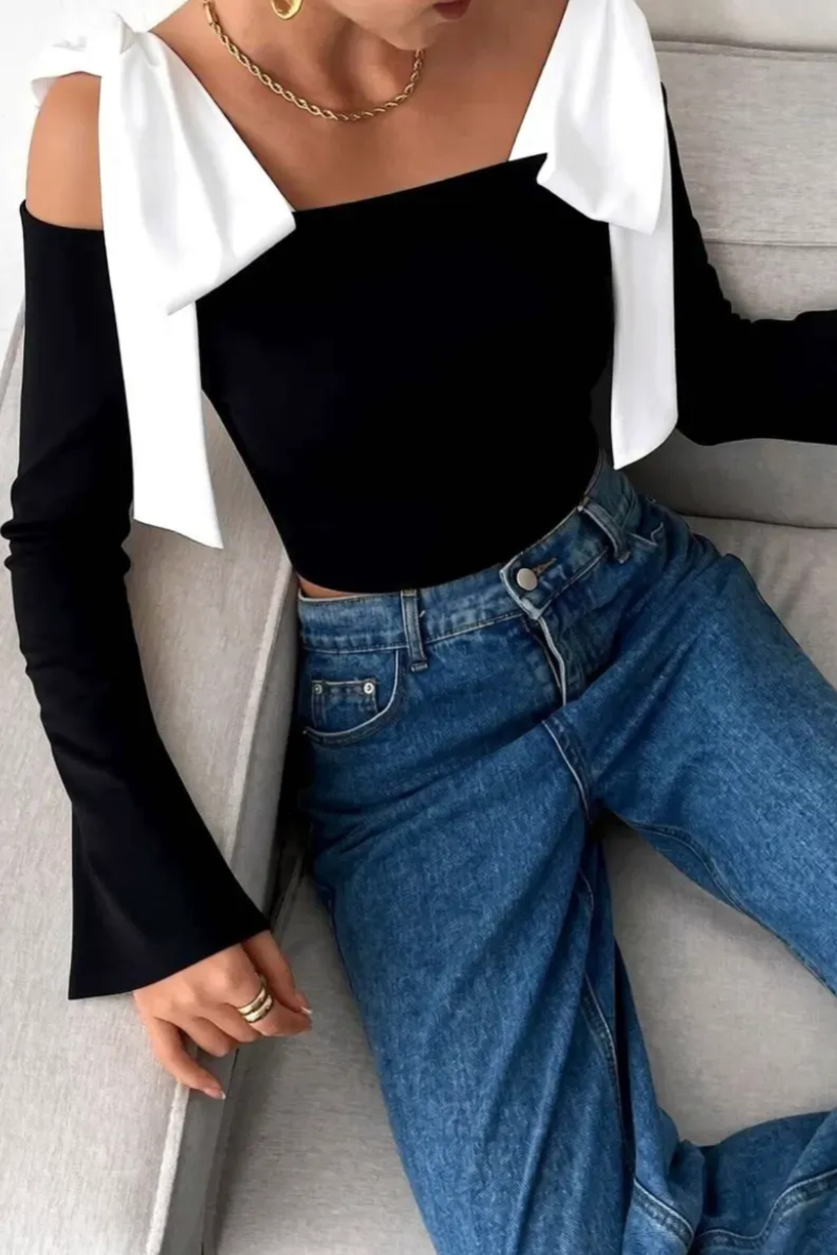 World Fashion Trends Bağlama Detaylı Uzun Kollu Bluz - Siyah görsel 3