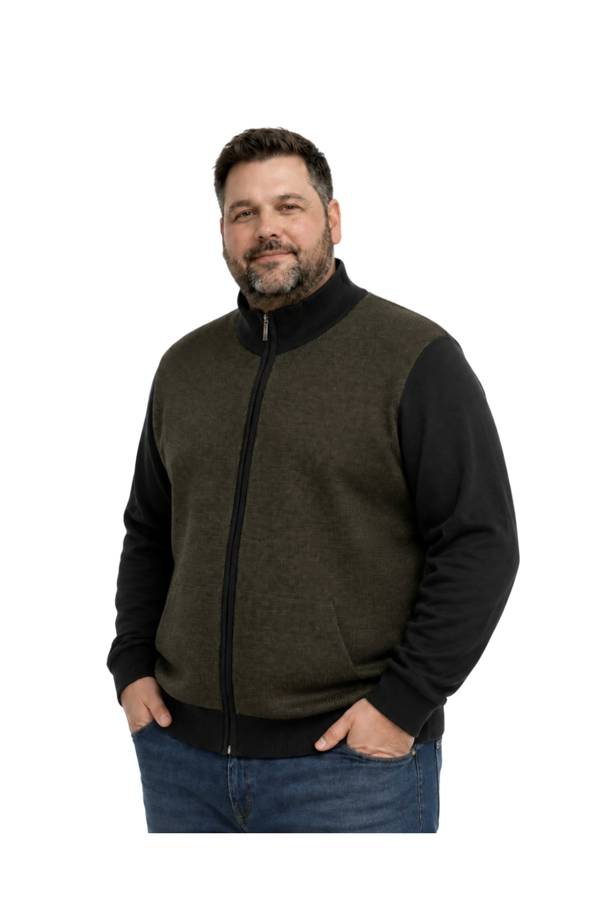 BattalModa Erkek Büyük Beden Haki Arven Dik Yaka Cepli Triko Hırka 5XL-6XL-7XL-8XL görsel 2