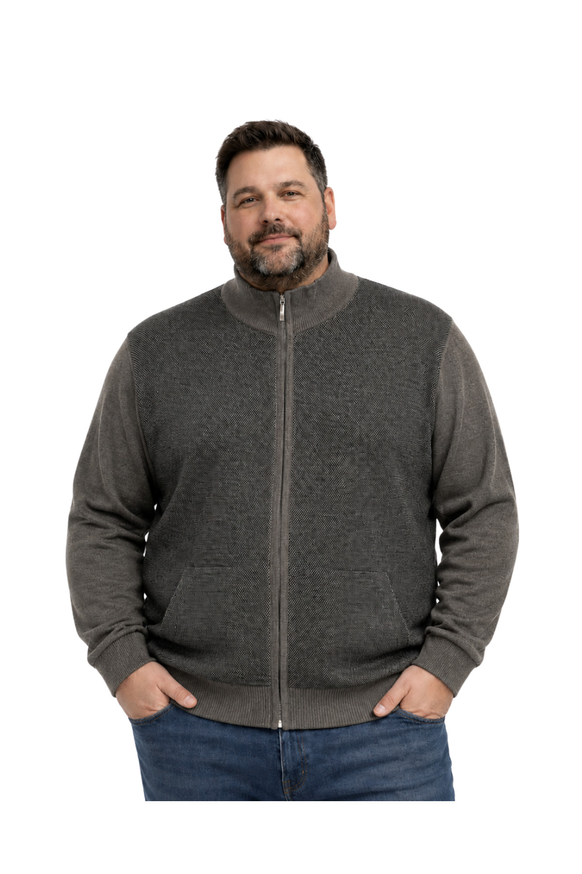 BattalModa Erkek Büyük Beden Koyu Vizon Arven Dik Yaka Cepli Triko Hırka 5XL-6XL-7XL-8XL