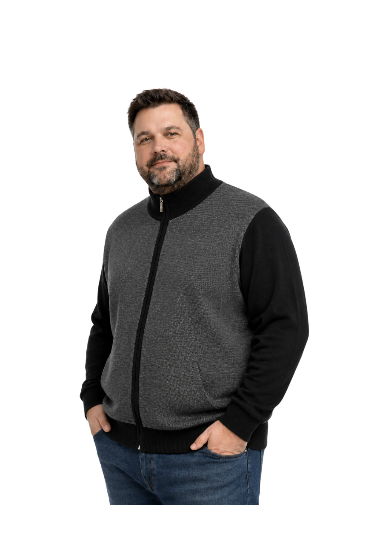 BattalModa Erkek Büyük Beden Siyah Arven Dik Yaka Cepli Triko Hırka 5XL-6XL-7XL-8XL görsel 2