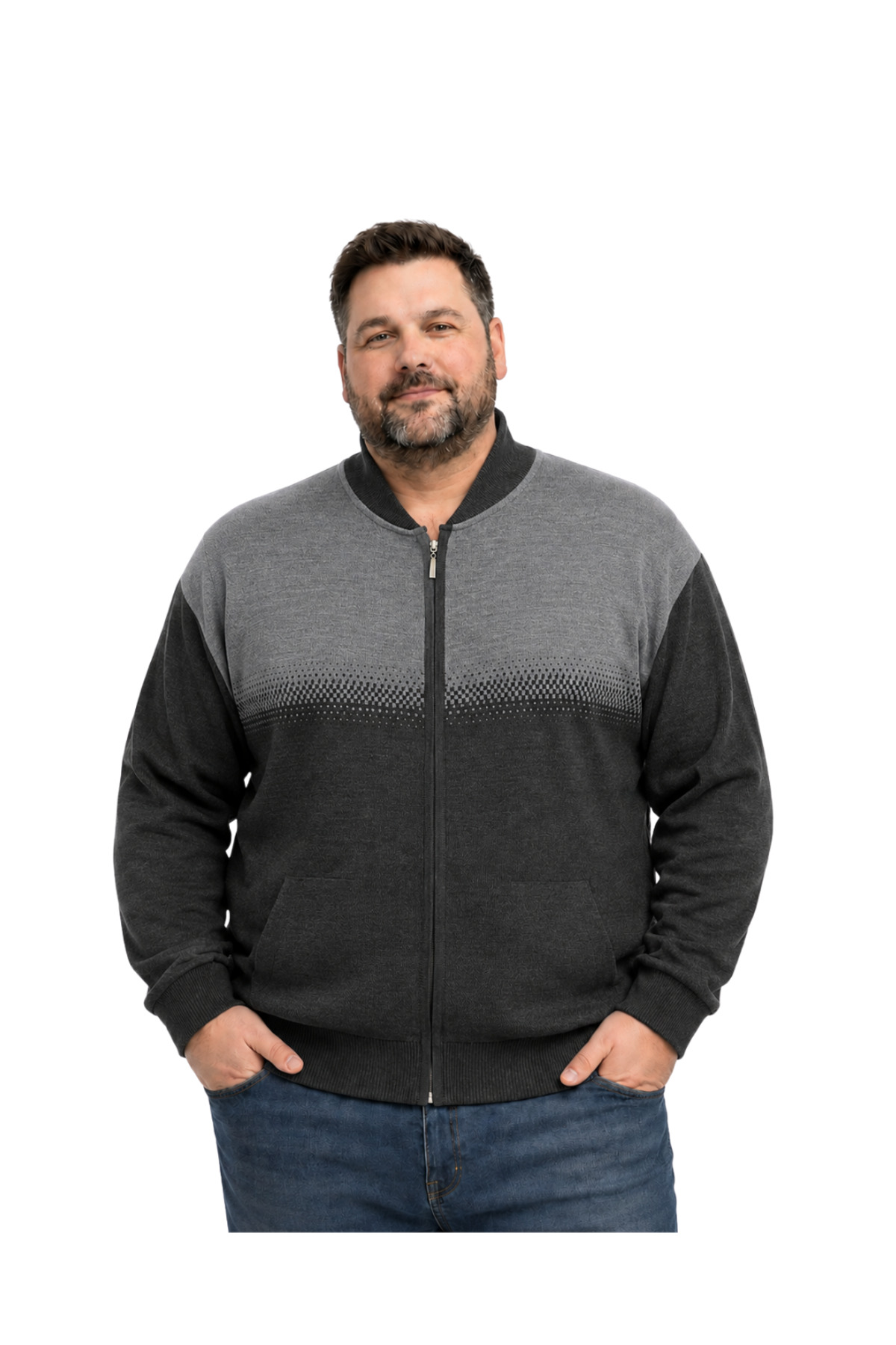 BattalModa Erkek Büyük Beden Antrasit Pixel Cepli Triko Hırka 5XL-6XL-7XL-8XL