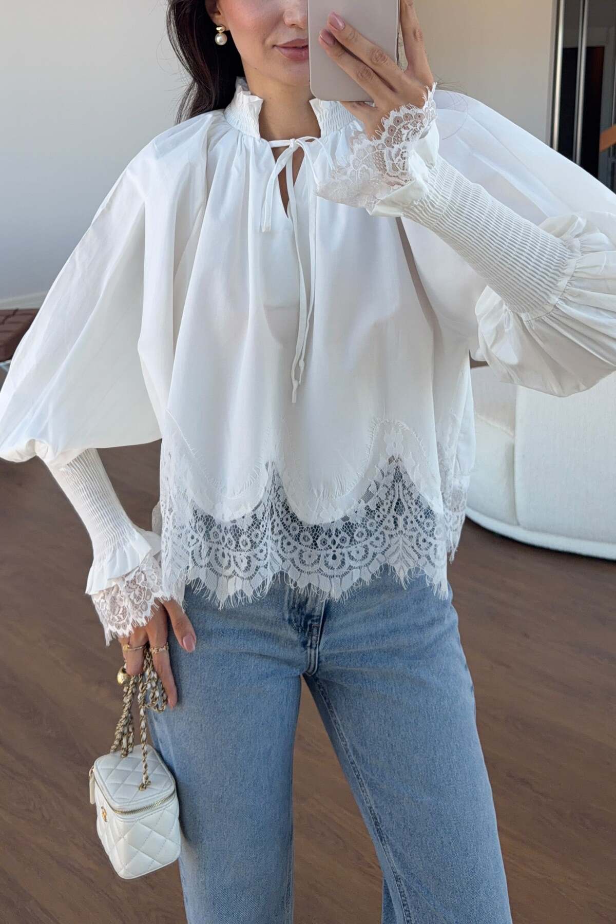 HAZELANNA Yaka Detaylı Dantelli Beyaz Bluz görsel 3