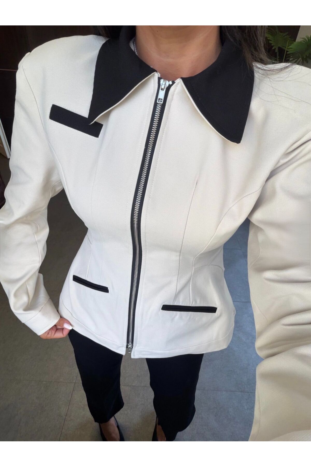 FMN Moda gabardin tok kumaş şerit cep detay çift fermuarlı premium seri astarlı beli daralan vatkalı orta boy muadil tasarım ceket trençkot mont görsel 6