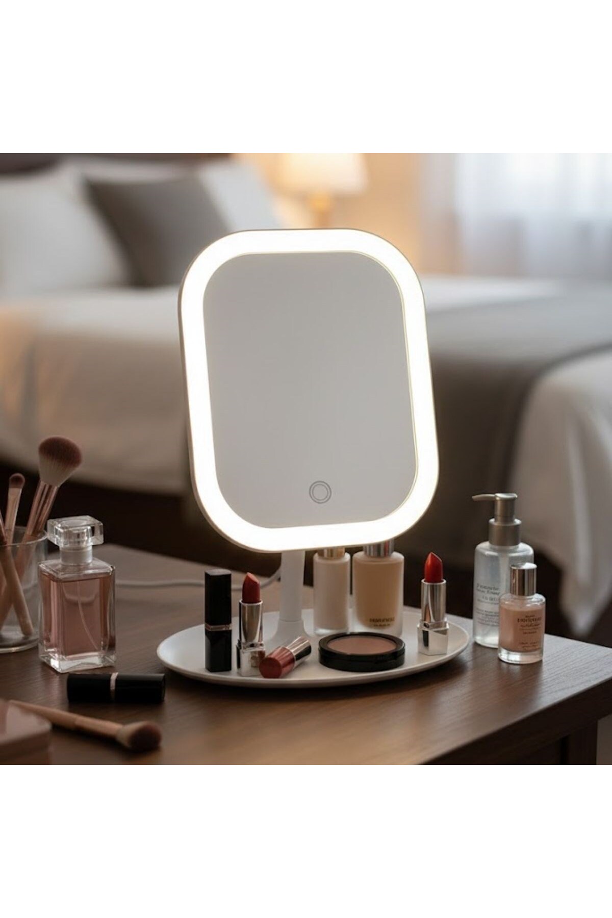 Çetiner Group® Dokunmatik LED Işıklı Kare Makyaj Aynası – Altı Organizer Kaseli, Ayarlanabilir Aydınlatmalı Masaüstü Makyaj ve Cilt Bakım Aynası — AF90YT0090 — تصویر 5 از 5