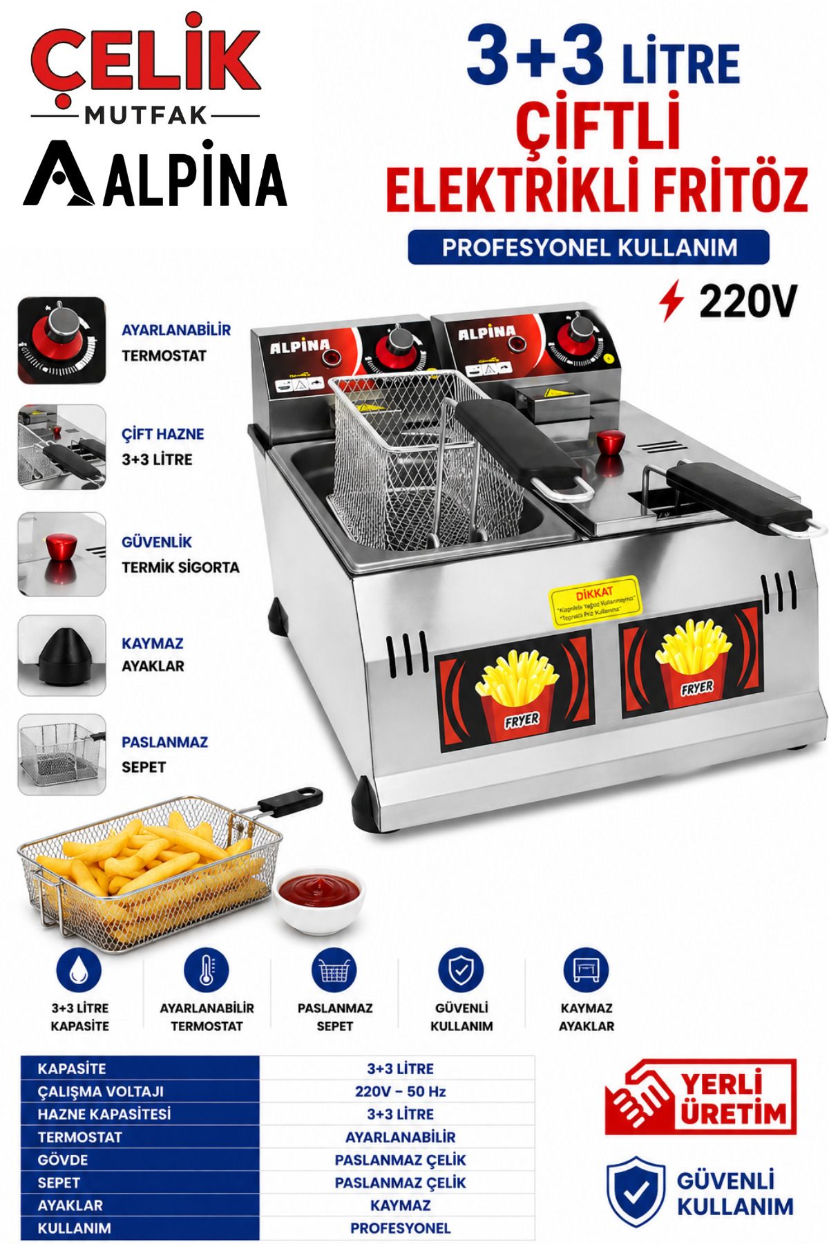 ALPİNA MUTFAK Alpina Fritöz Elektrikli Patates Kızartma Makinesi Büfe Tipi 220V - ÇELİK MUTFAK Airfryer