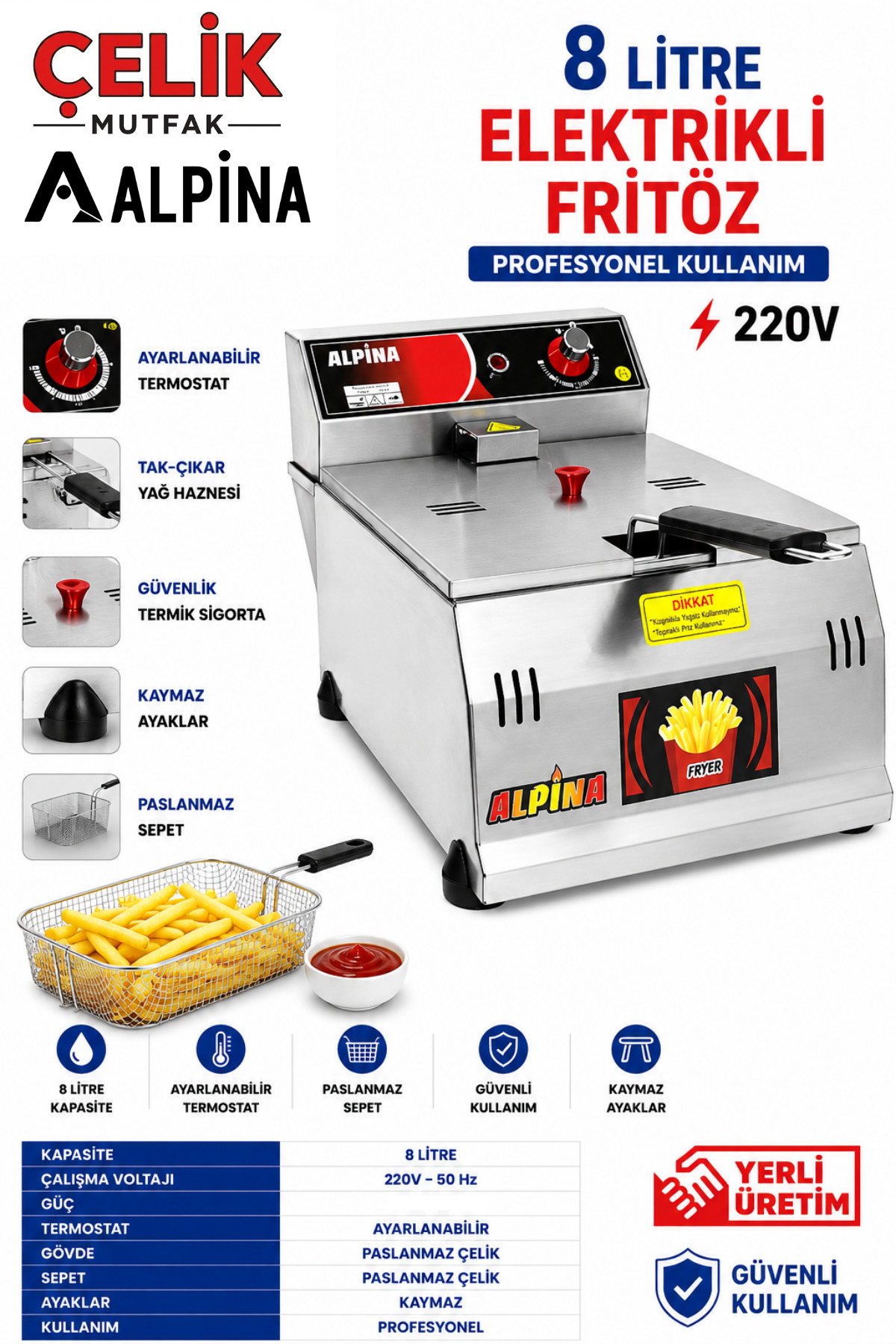 ALPİNA MUTFAK Alpina Fritöz Sanayi Tipi Elektrikli Patates Kızartma Makinesi Büfe Tipi 220V Airfryer