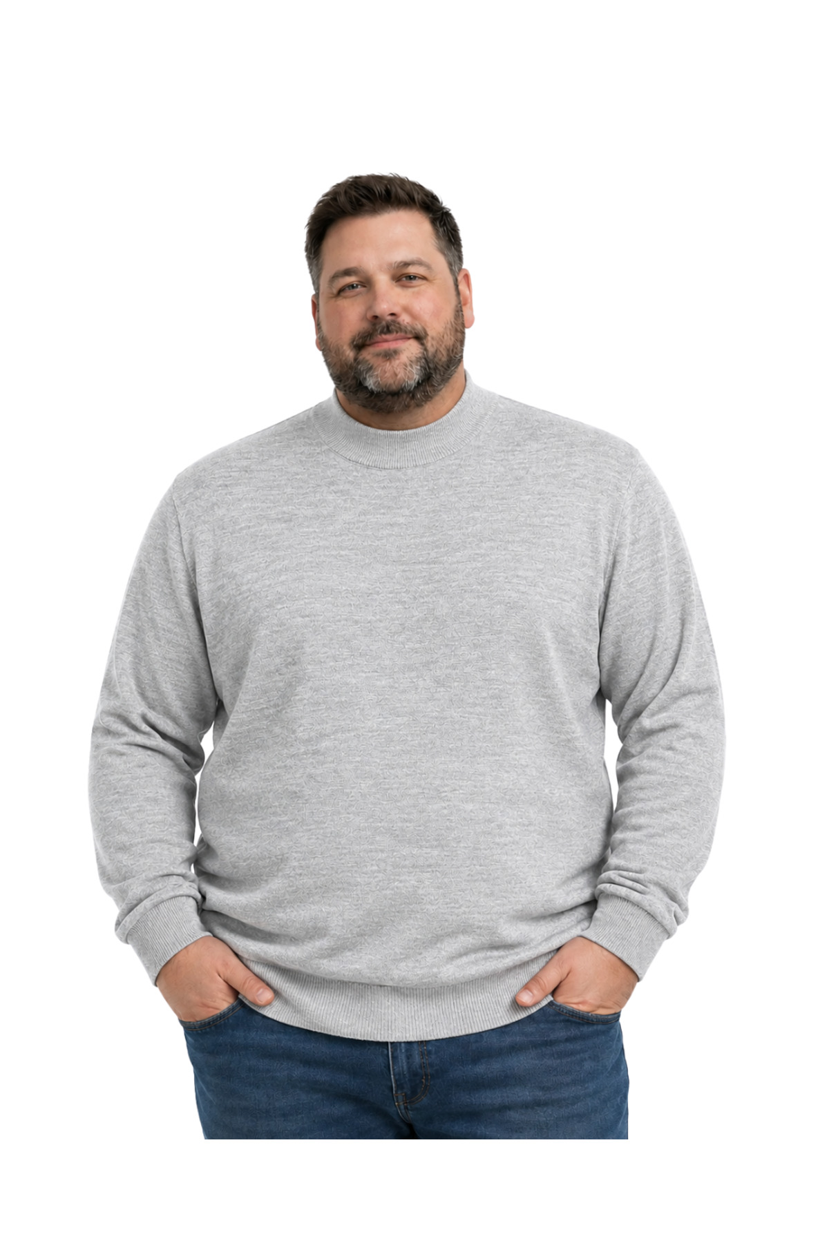 BattalModa Erkek Büyük Beden Gri Yarım Balıkçı Triko Kazak 3XL-4XL-5XL-6XL
