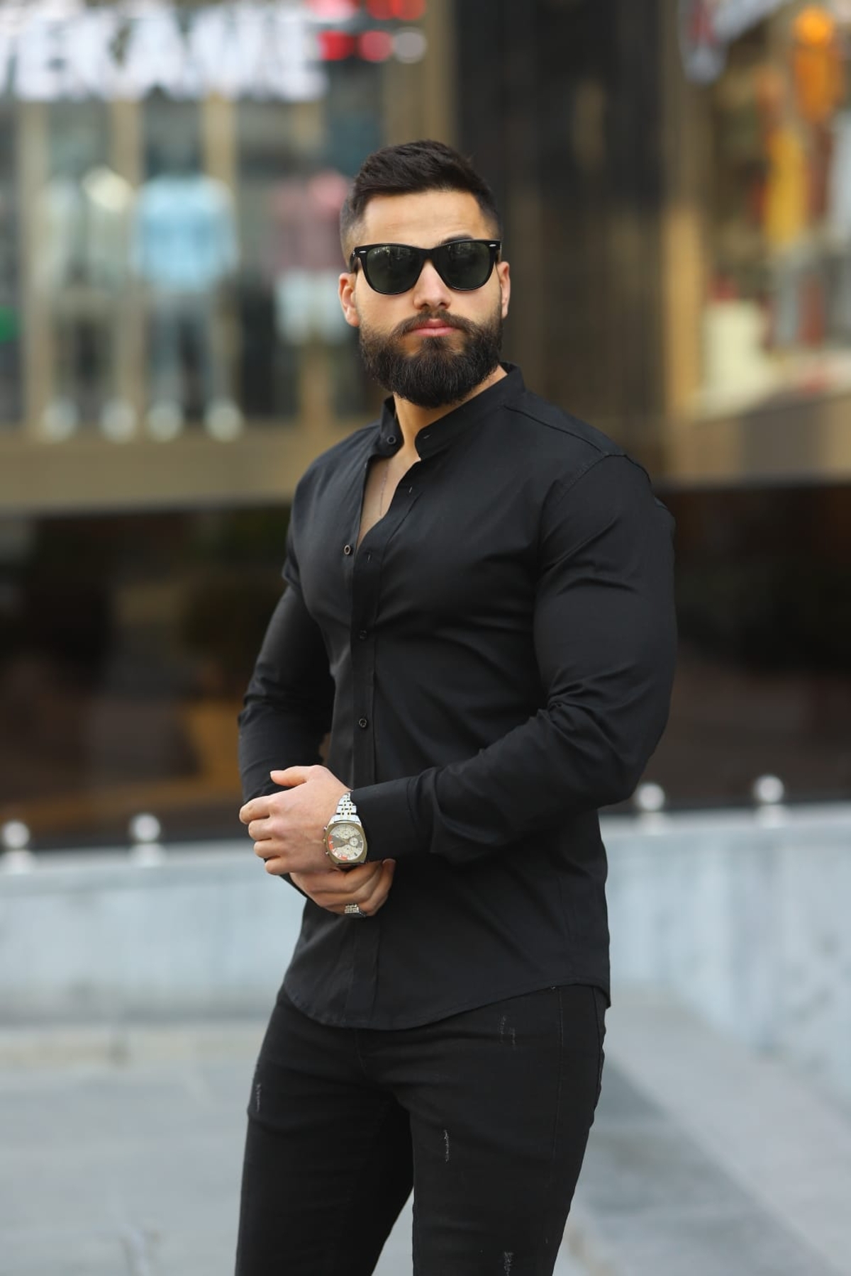 HAKİM YAKA SLİM FİT LİKRALI GÖMLEK — مشکی TAMDÜĞMELİ