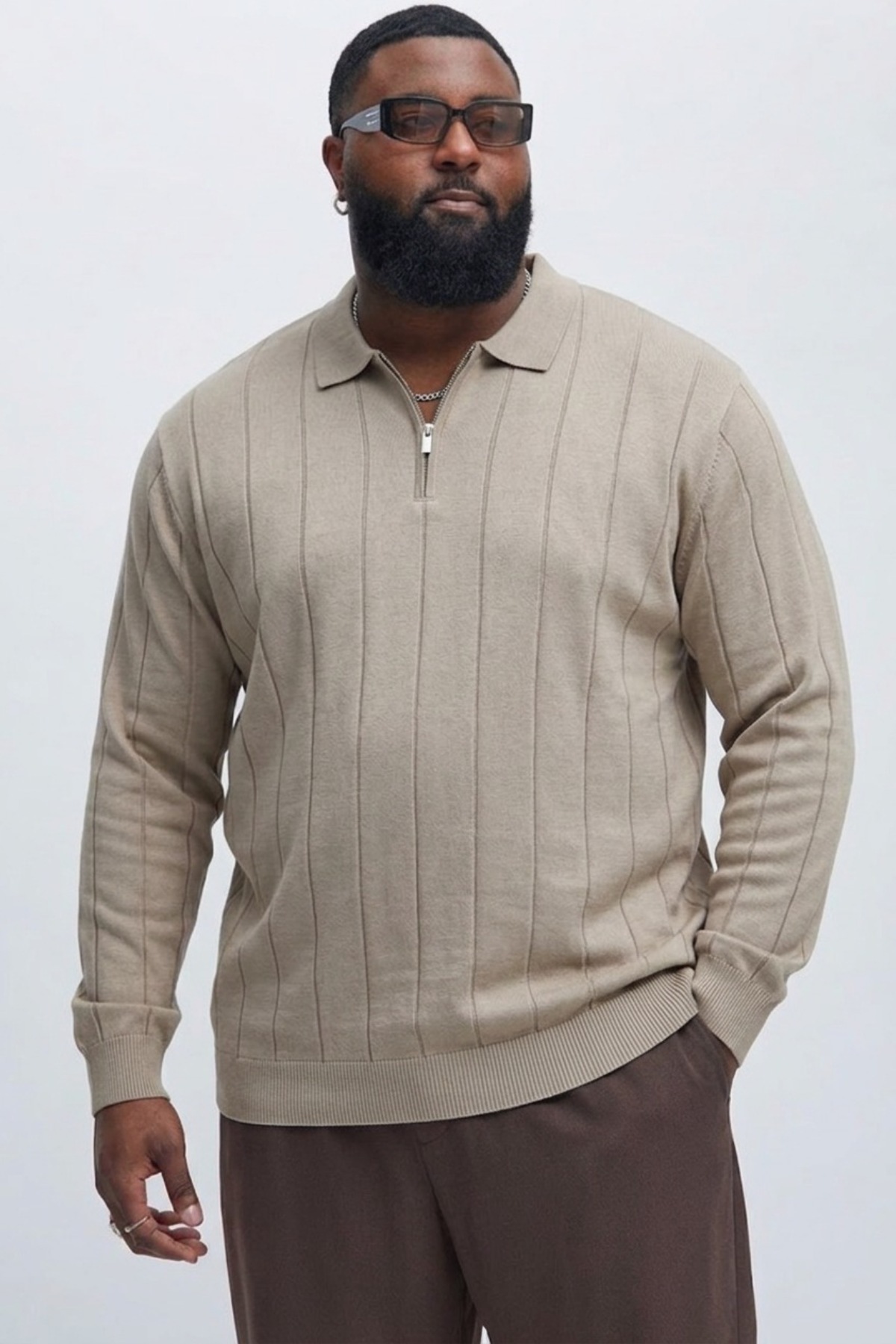 Maccali Erkek Fermuarlı Çizgili Krem Büyük Beden Sweatshirt