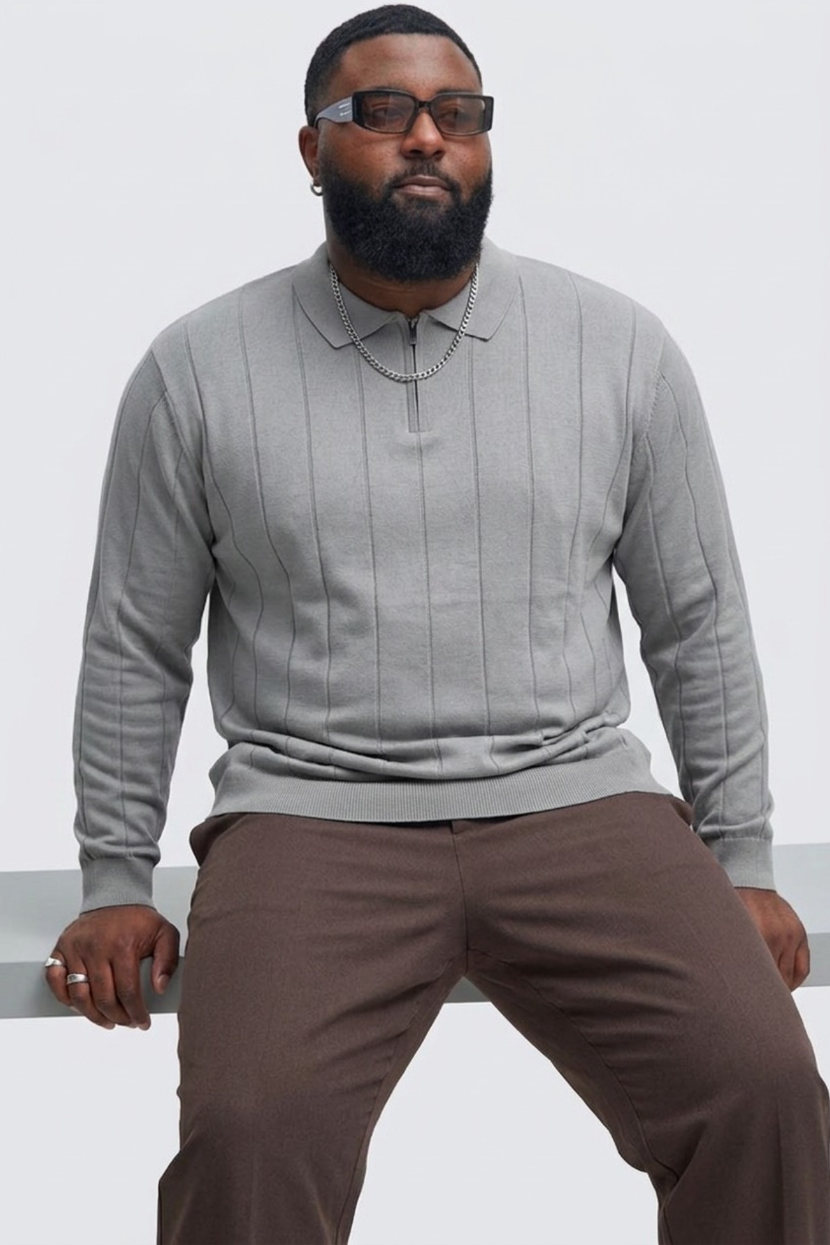 Maccali Erkek Fermuarlı Çizgili Gri Büyük Beden Sweatshirt görsel 5