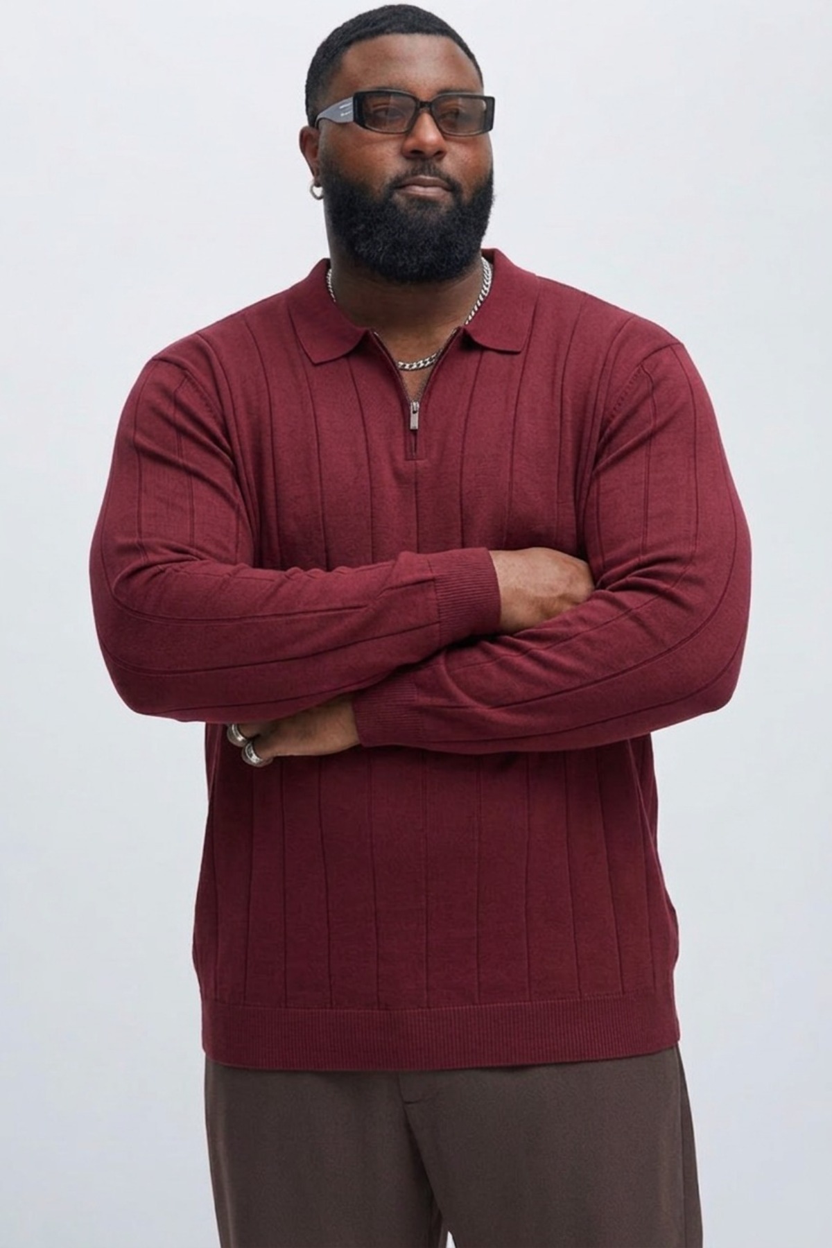 Maccali Erkek Fermuarlı Çizgili Bordo Büyük Beden Sweatshirt görsel 3