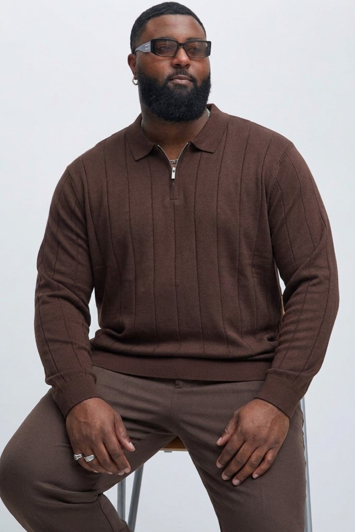 Maccali Erkek Fermuarlı Çizgili K.Kahve Büyük Beden Sweatshirt görsel 3