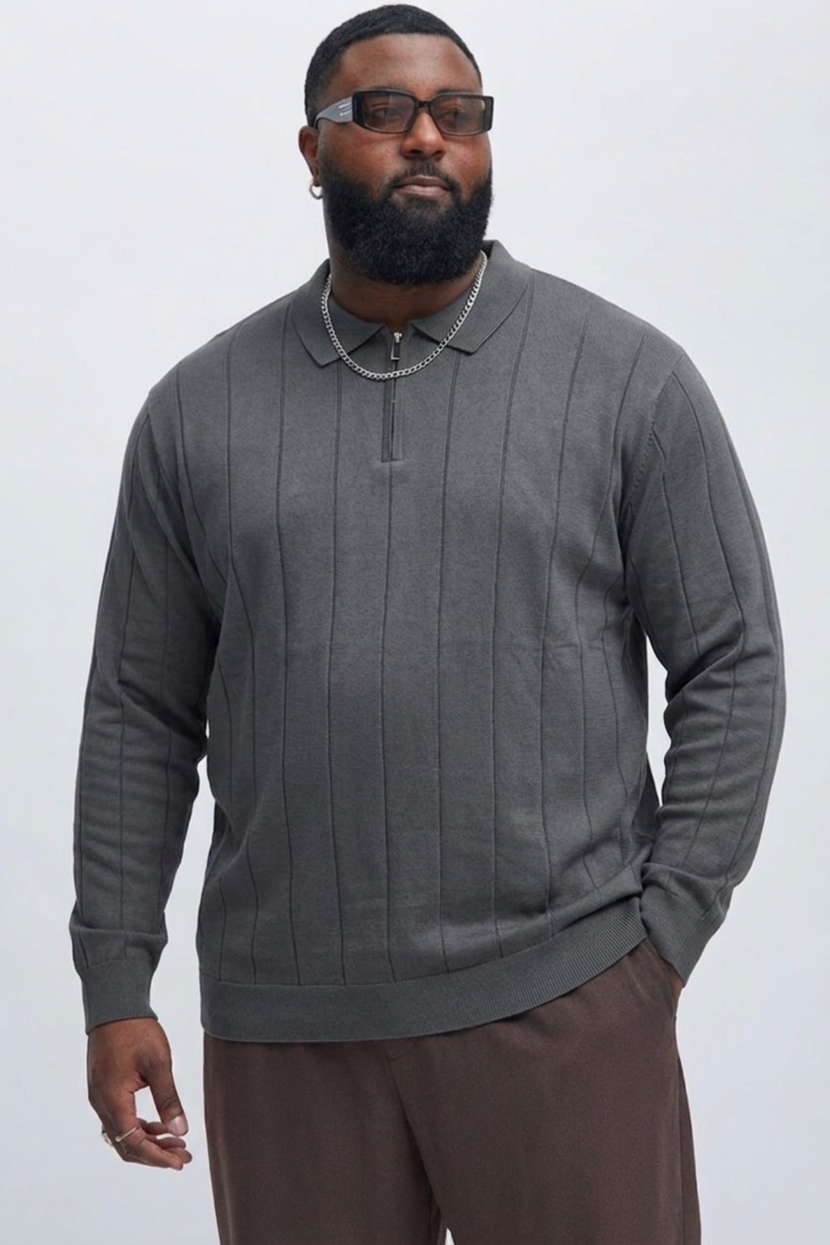 Maccali Erkek Fermuarlı Çizgili Füme Büyük Beden Sweatshirt