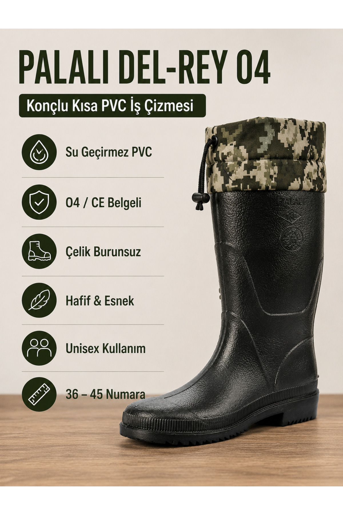 PALALI Del-Rey O4 CE Belgeli Su Geçirmez PVC Kısa İş Çizmesi Konçlu Unisex Bahçe Kurye Oto Yıkama Çizmesi görsel 5