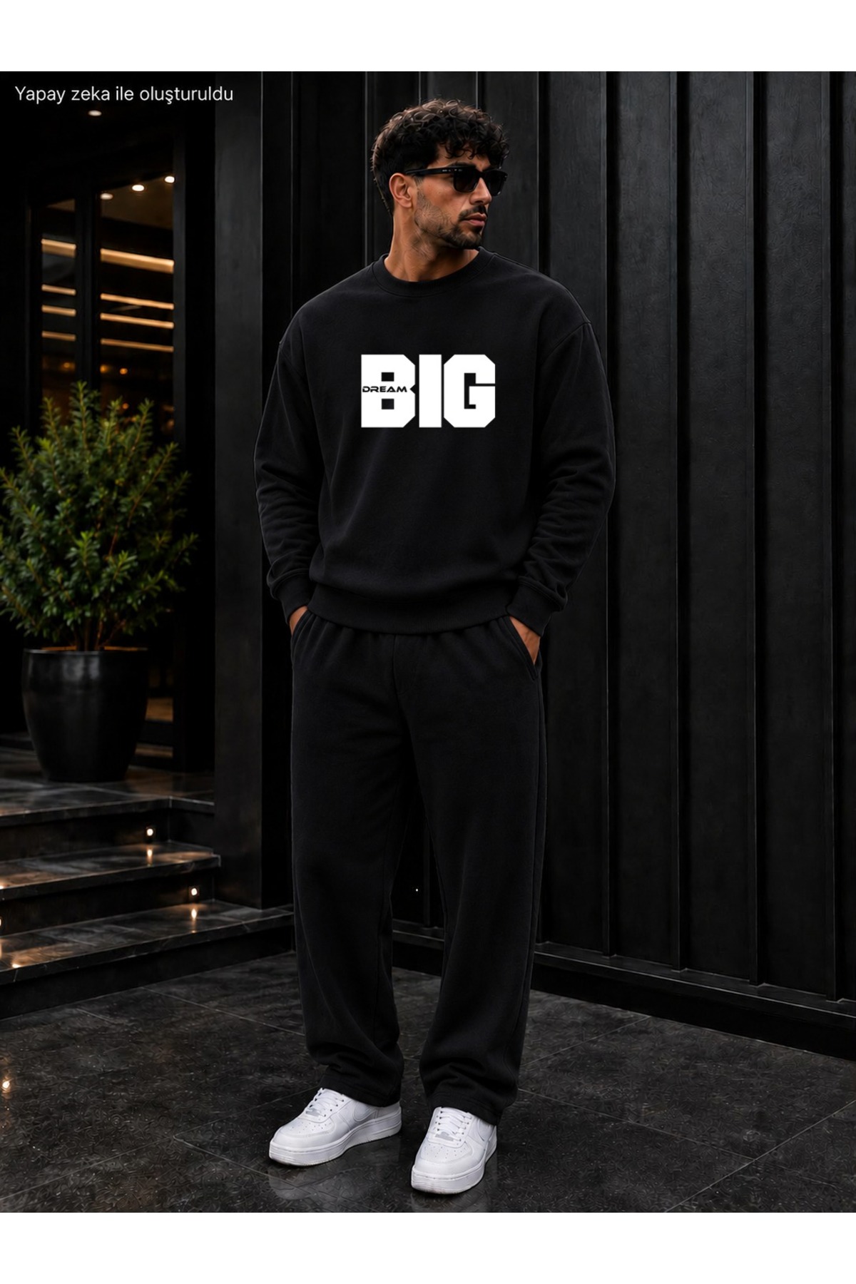 Erkek Dream Big Slogan Baskılı Bisiklet Yaka Regular Fit Erkek Eşofman Takımı /Düz Paça Alt — مشکی CKTK020926
