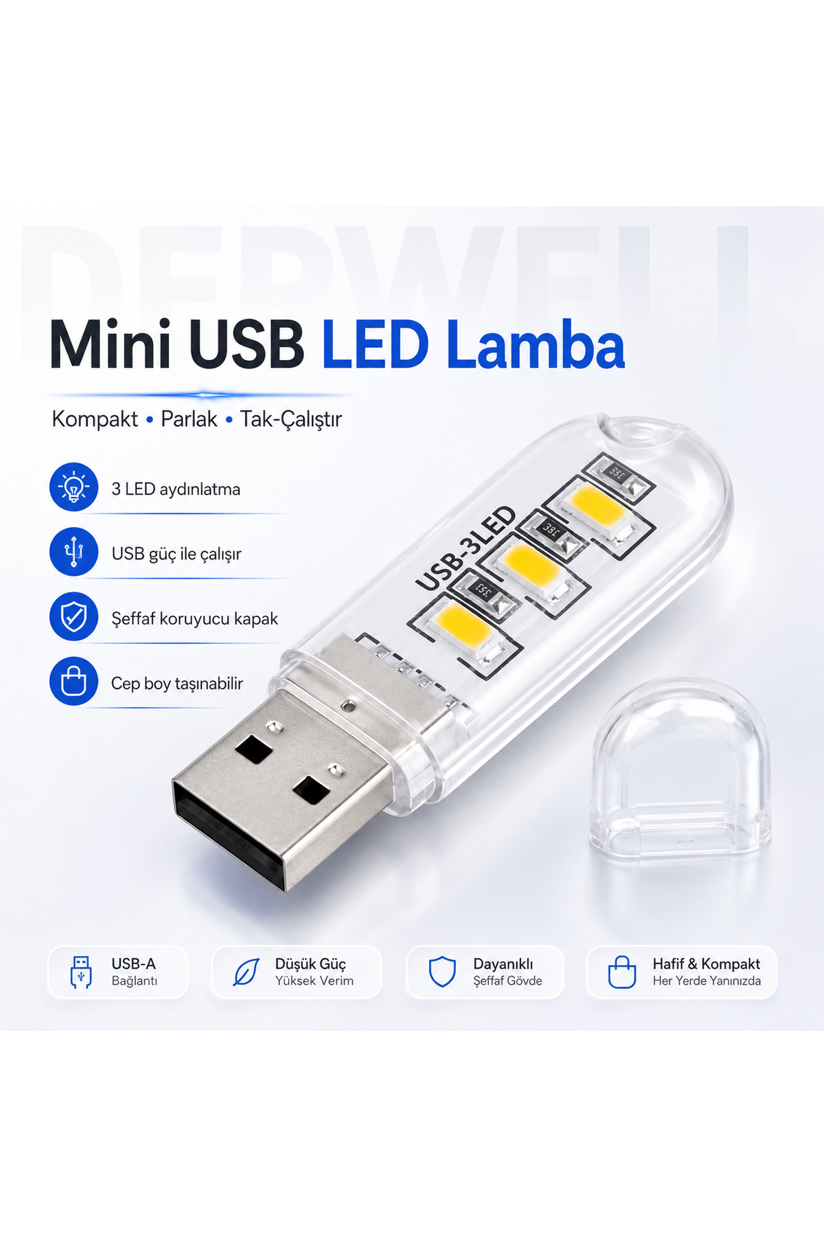 Mini USB LED Lamba 3 LEDli Taşınabilir Cep Boy Gece Lambası Şeffaf Koruyucu Kapaklı Tak Çalıştır Düşük Güç Tüketimi Yüksek Verim Beyaz Işık Powerbank Laptop Uyumlu Kamp Aydınlatması Stick LED Işık