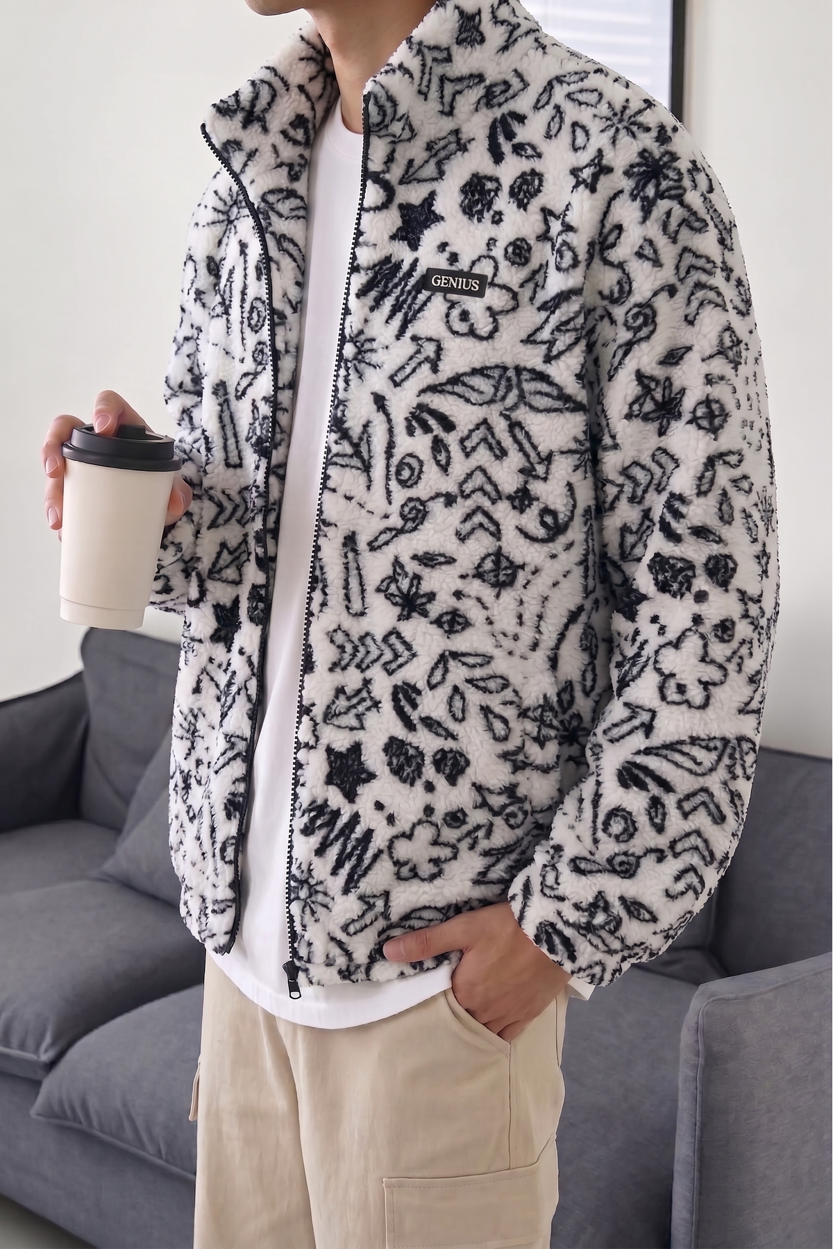 GENIUS STORE Oversize Peluş Tam Fermuarlı Sweatshirt Peluş İçi Polarlı Sherpa Kumaş Sweatshirt görsel 2