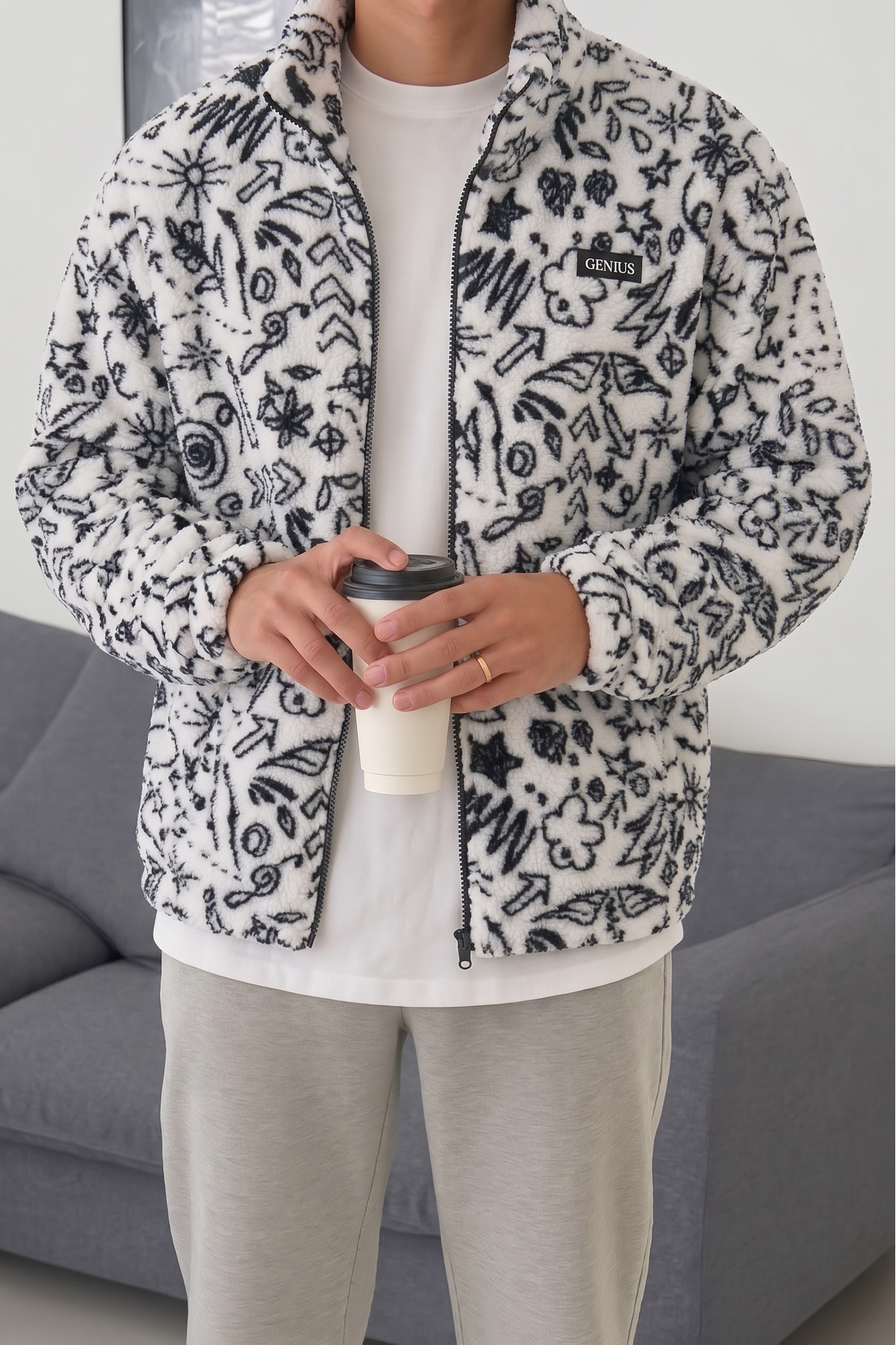 GENIUS STORE Oversize Peluş Tam Fermuarlı Sweatshirt Peluş İçi Polarlı Sherpa Kumaş Sweatshirt