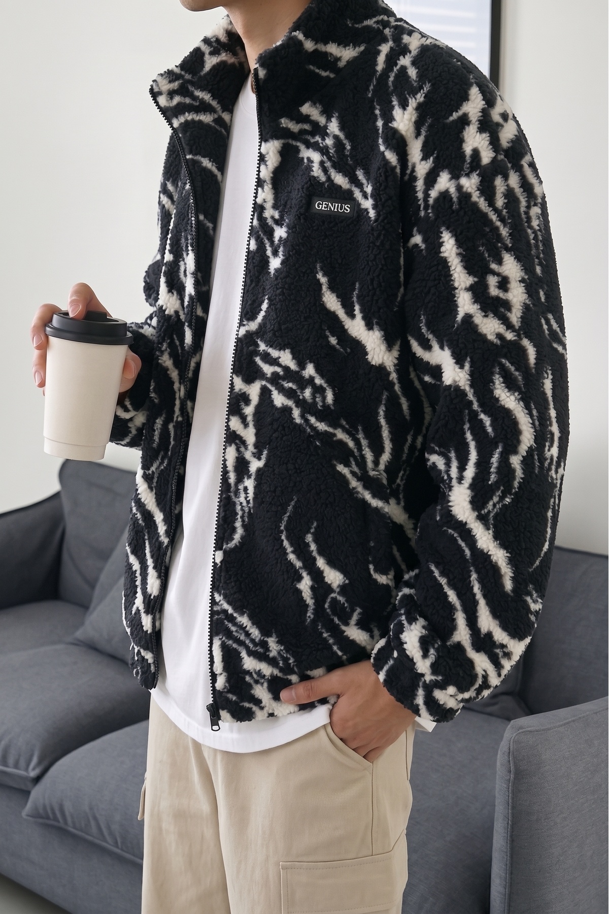 GENIUS STORE Oversize Peluş Tam Fermuarlı Sweatshirt Peluş İçi Polarlı Sherpa Kumaş Sweatshirt görsel 2