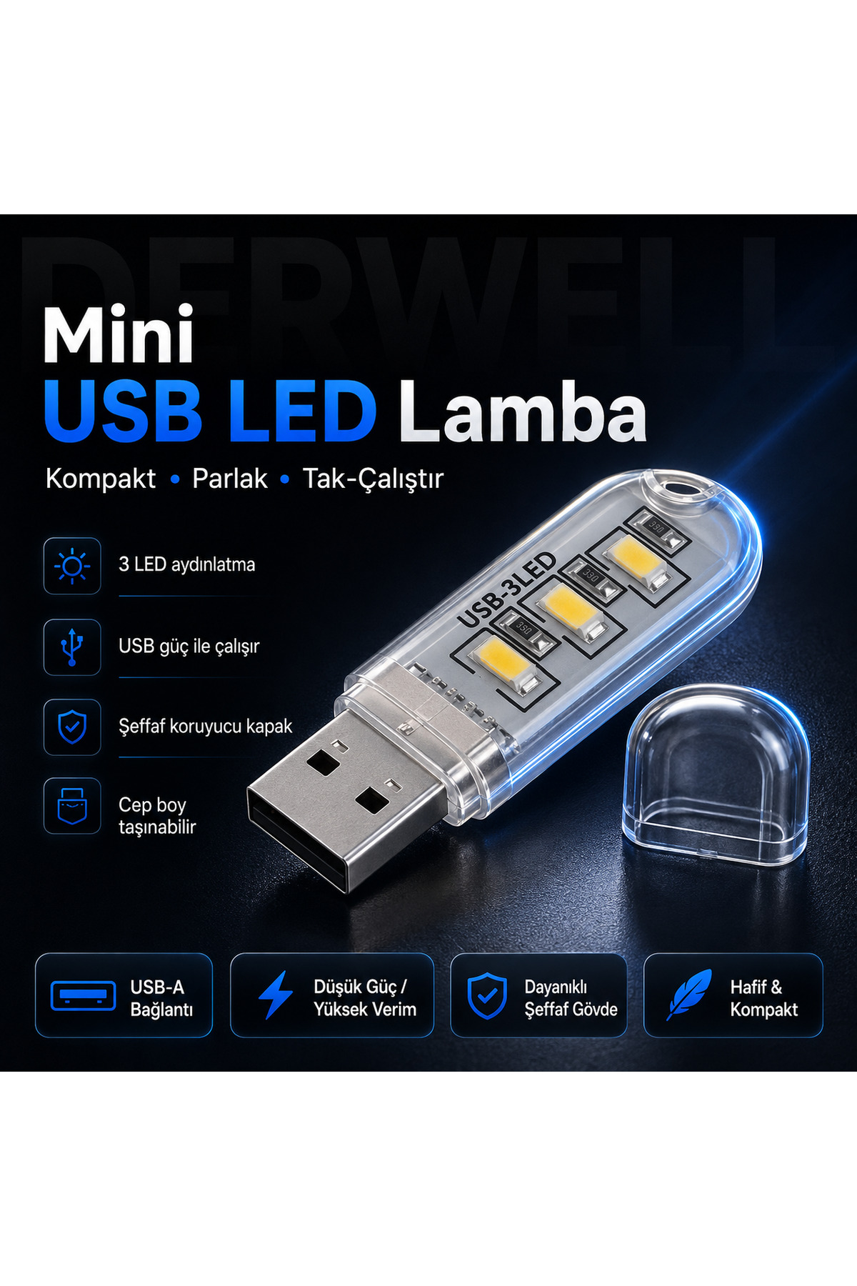 Yeni 2026 Kompakt Mini USB LED Aydınlatma Taşınabilir Masa Lambası 3 LED SMD Parlak Beyaz Işık Laptop PC Powerbank Uyumlu Şeffaf Gövde Koruyucu Kapaklı Kitap Okuma Kamp Gece Lambası Dayanıklı
