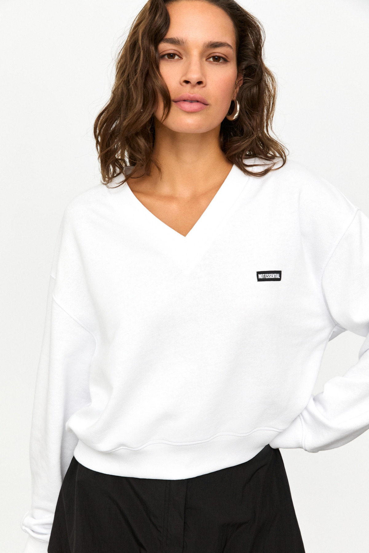 GRIMELANGE VALENNE Kadın V Yaka Etiket Detaylı Regular Beyaz Sweatshirt