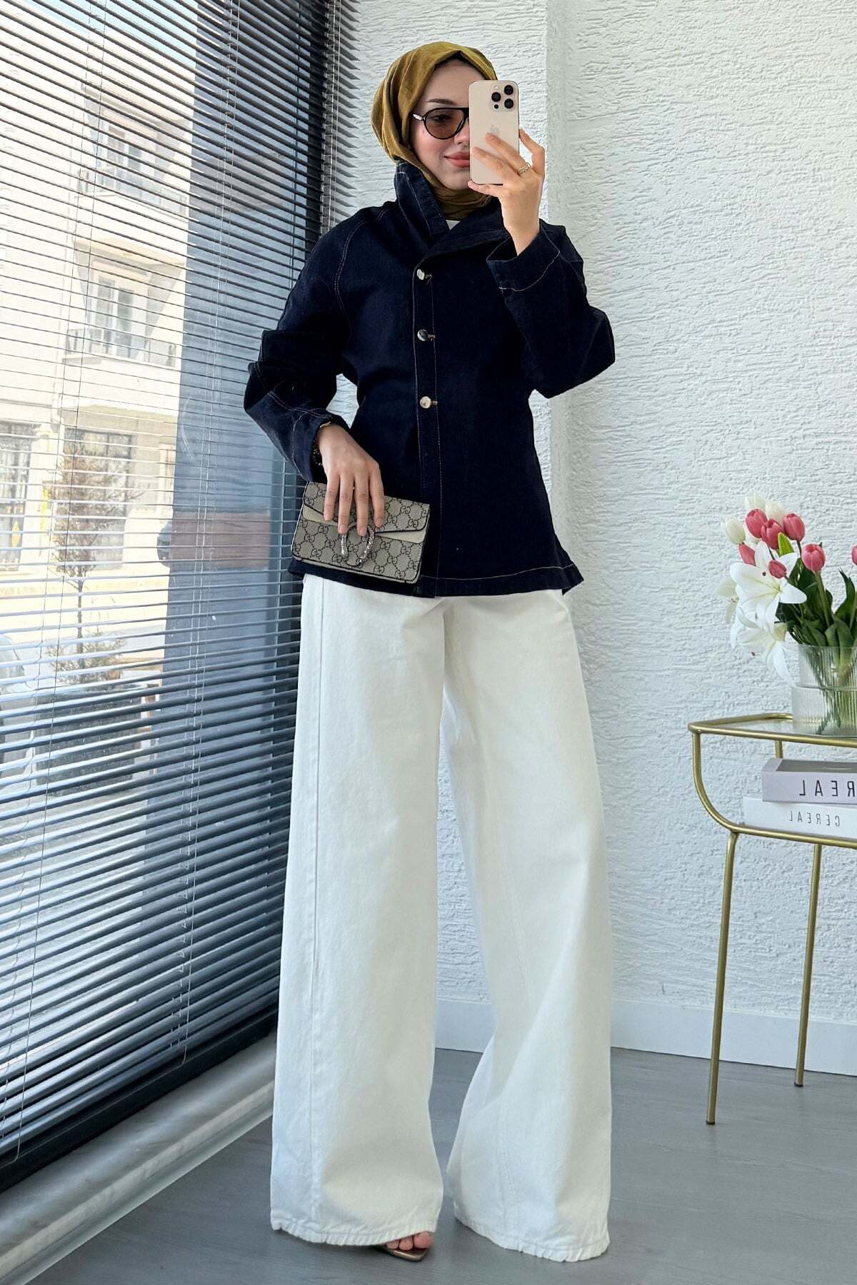 MELEK ARAZ Premıum Yandan Düğmeli Denim Ceket - Koyu Mavi görsel 6
