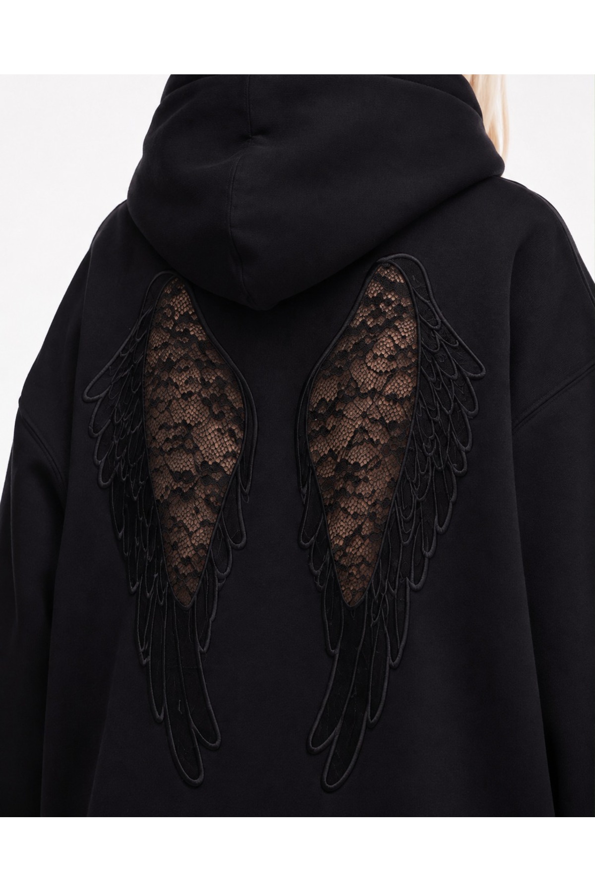 Mad&Calf Kadın Wings Dantel Detaylı Kapüşonlu Oversize Sweatshirt görsel 3