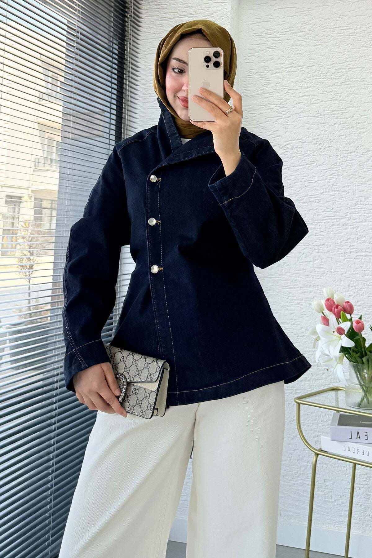 MELEK ARAZ Premıum Yandan Düğmeli Denim Ceket - Koyu Mavi görsel 2