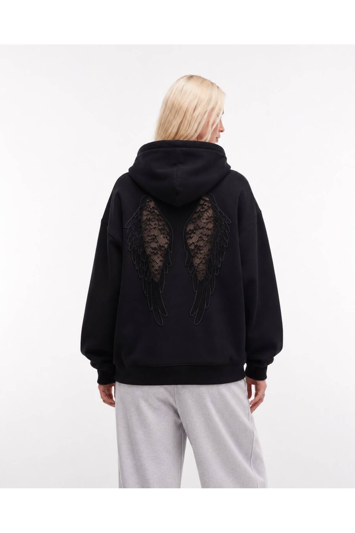 Mad&Calf Kadın Wings Dantel Detaylı Kapüşonlu Oversize Sweatshirt