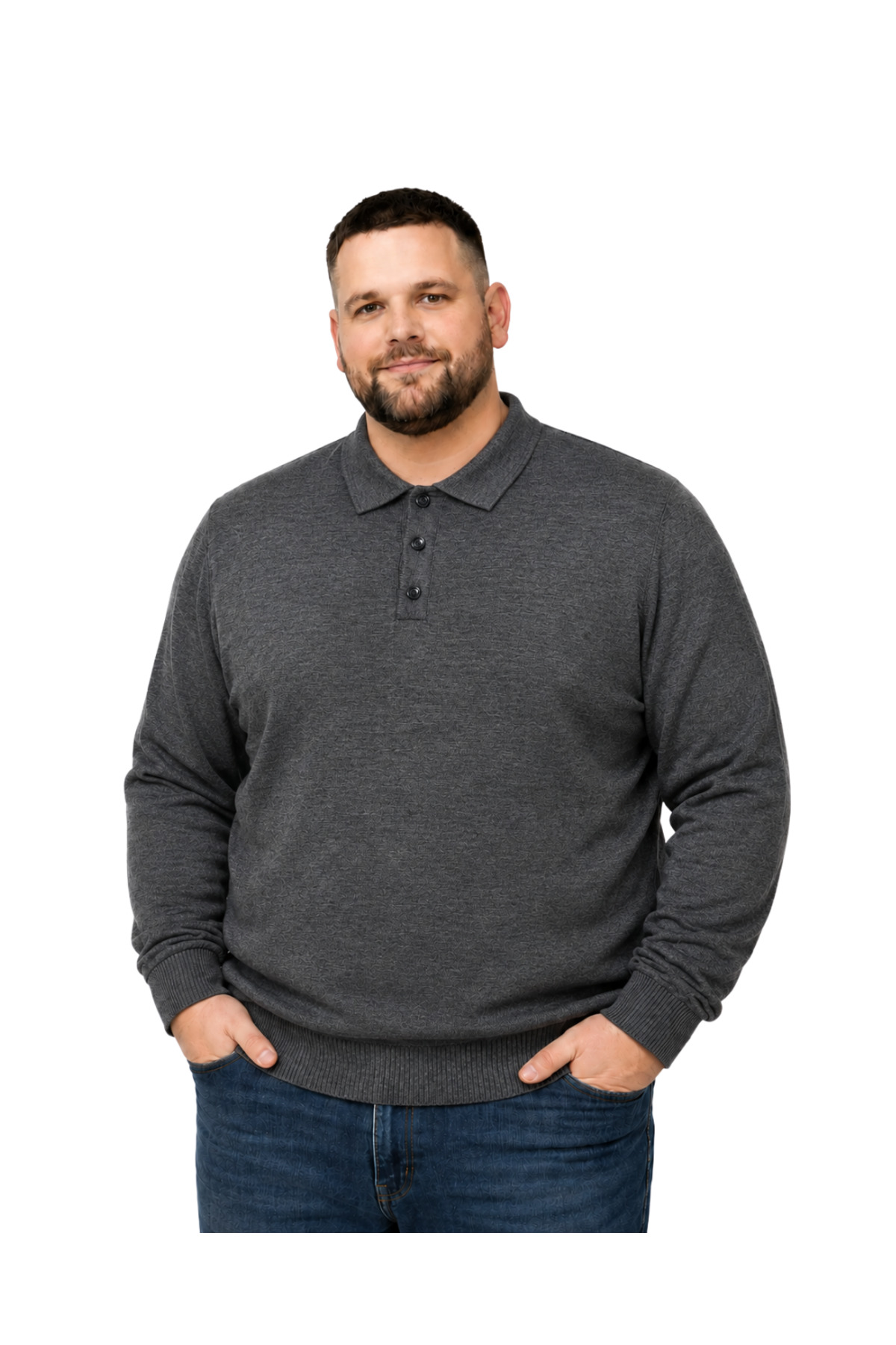 BattalModa Erkek Büyük Beden Füme Düğmeli Polo Yaka Triko Kazak 3XL-4XL-5XL-6XL