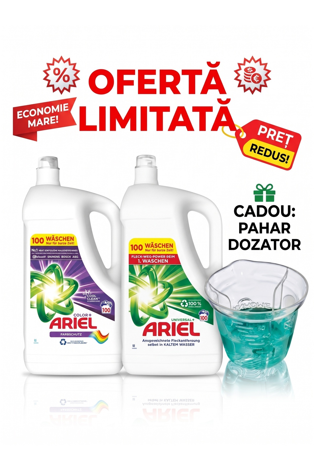 Ariel OFERTA Detergent lichid de rufe Universal Clean 5L + Color+ 5L + Cupa D...