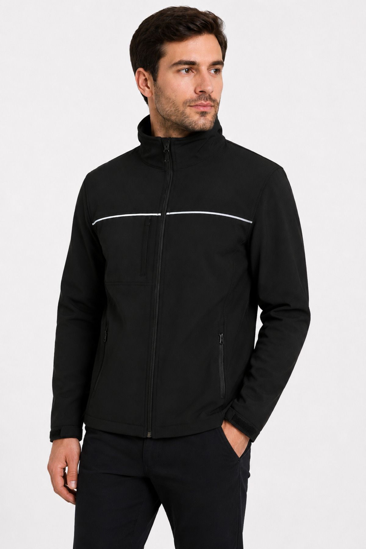 Unisex Siyah Reflektör Şeritli Suya Dayanıklı Softshell İş Montu Siyah · Fotoğraf 6