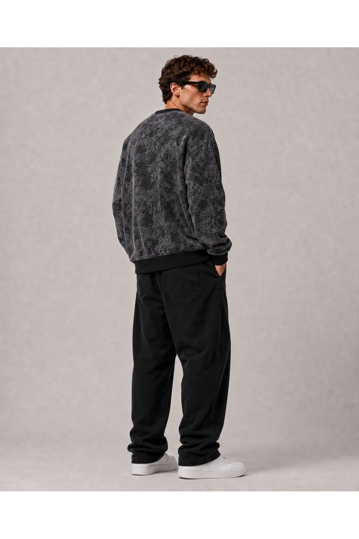 PENTHİLUS Erkek Antrasit Yıkamalı Desenli Oversize Bisiklet Yaka Baskılı Sweatshirt görsel 2