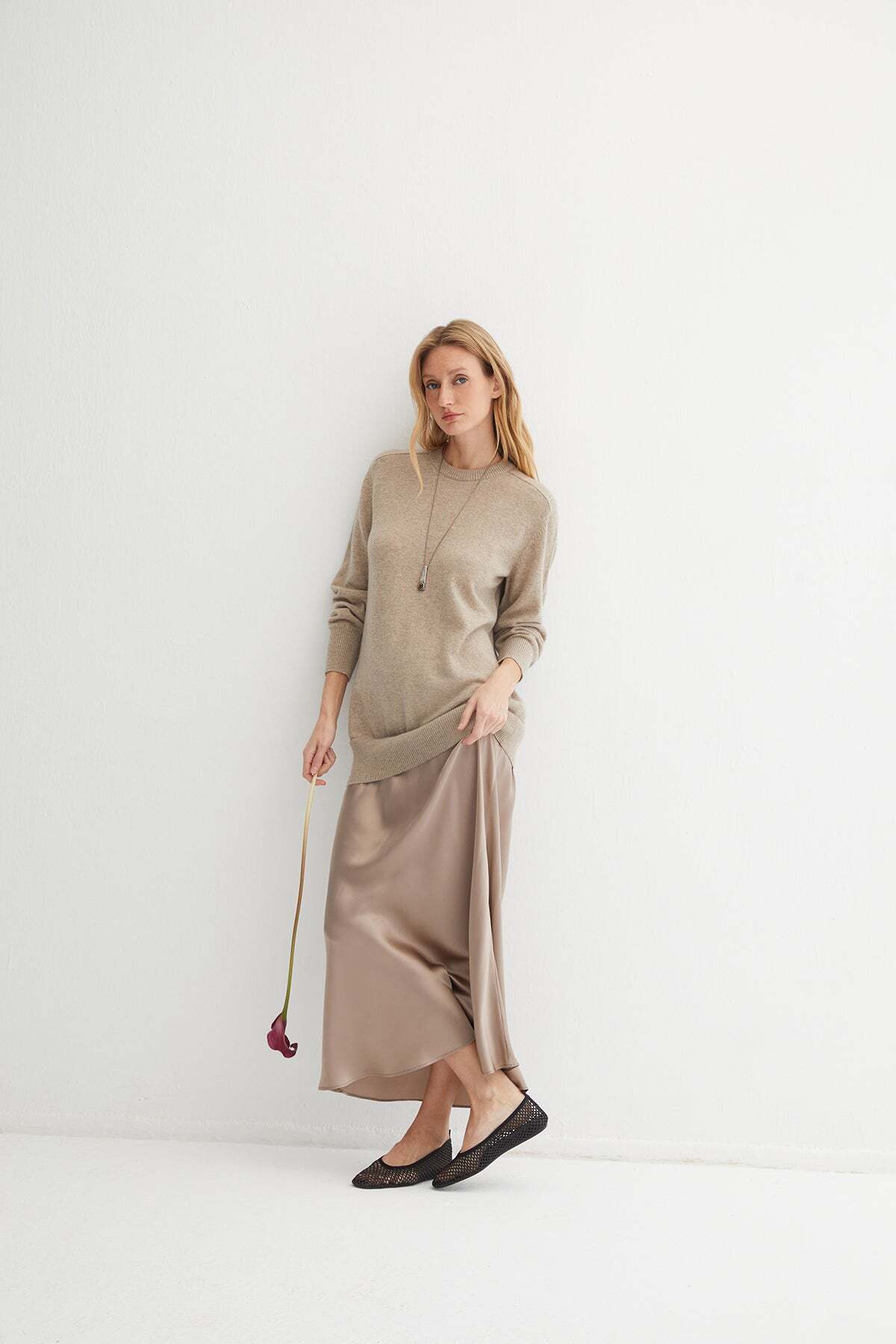 Silk and Cashmere Bej Elena Saf Kaşmir ve Saf İpek Elbise görsel 6