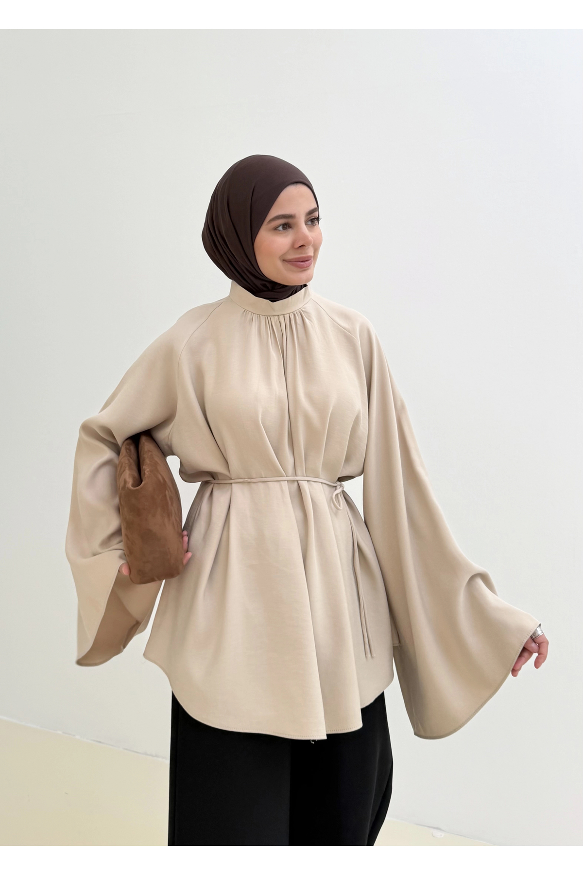 MODA AKSA Geniş Kol Vintage Gömlek Bej görsel 5