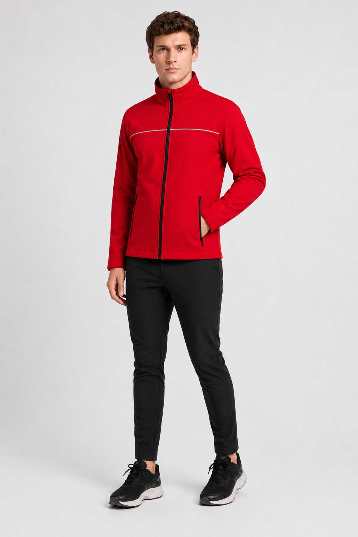 Unisex Kırmızı Reflektör Şeritli Su İtici Softshell Mont Fermuarlı Cepli Kırmızı · Fotoğraf 5