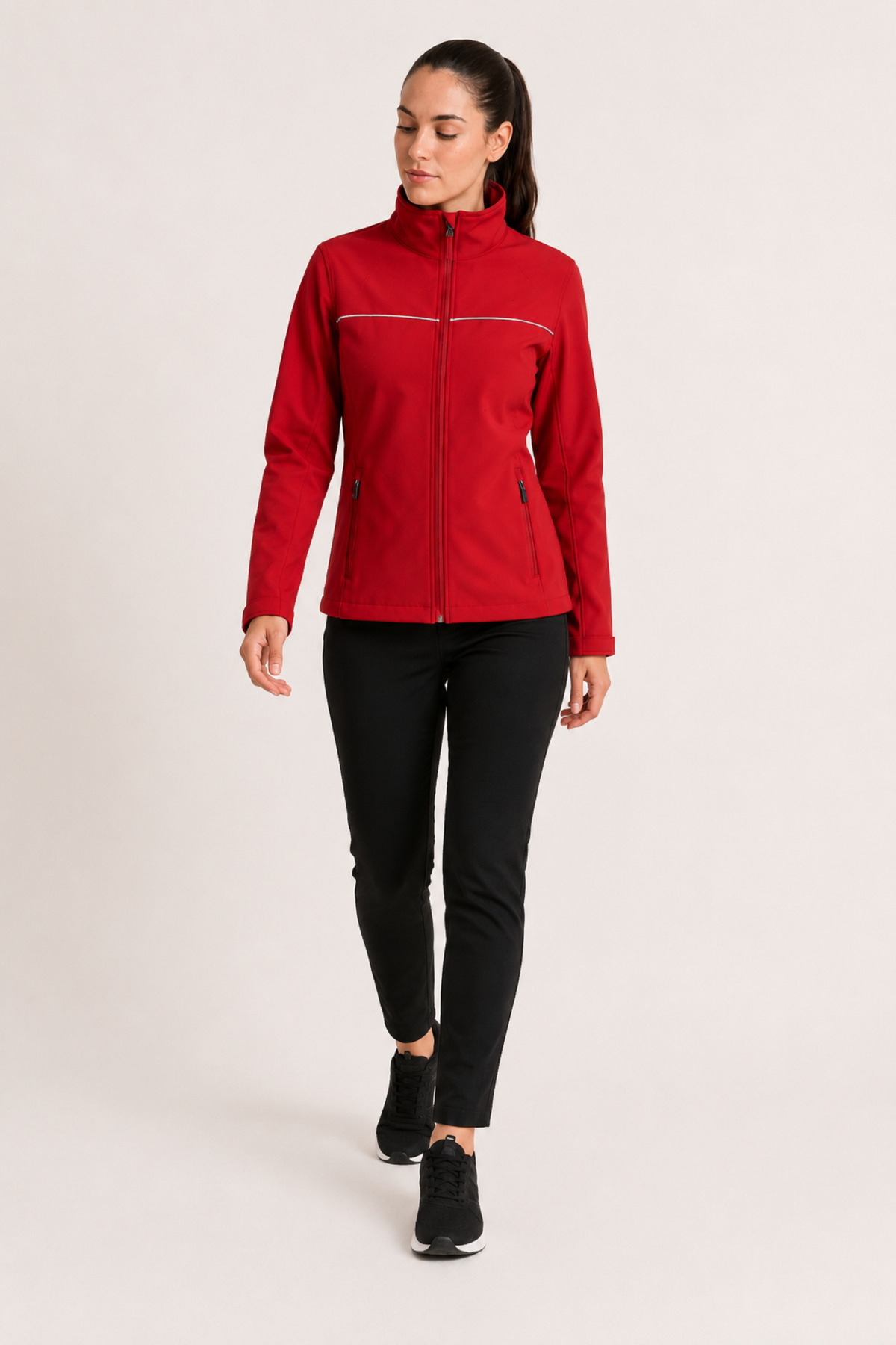 Unisex Kırmızı Reflektör Şeritli Su İtici Softshell Mont Fermuarlı Cepli Kırmızı · Fotoğraf 4