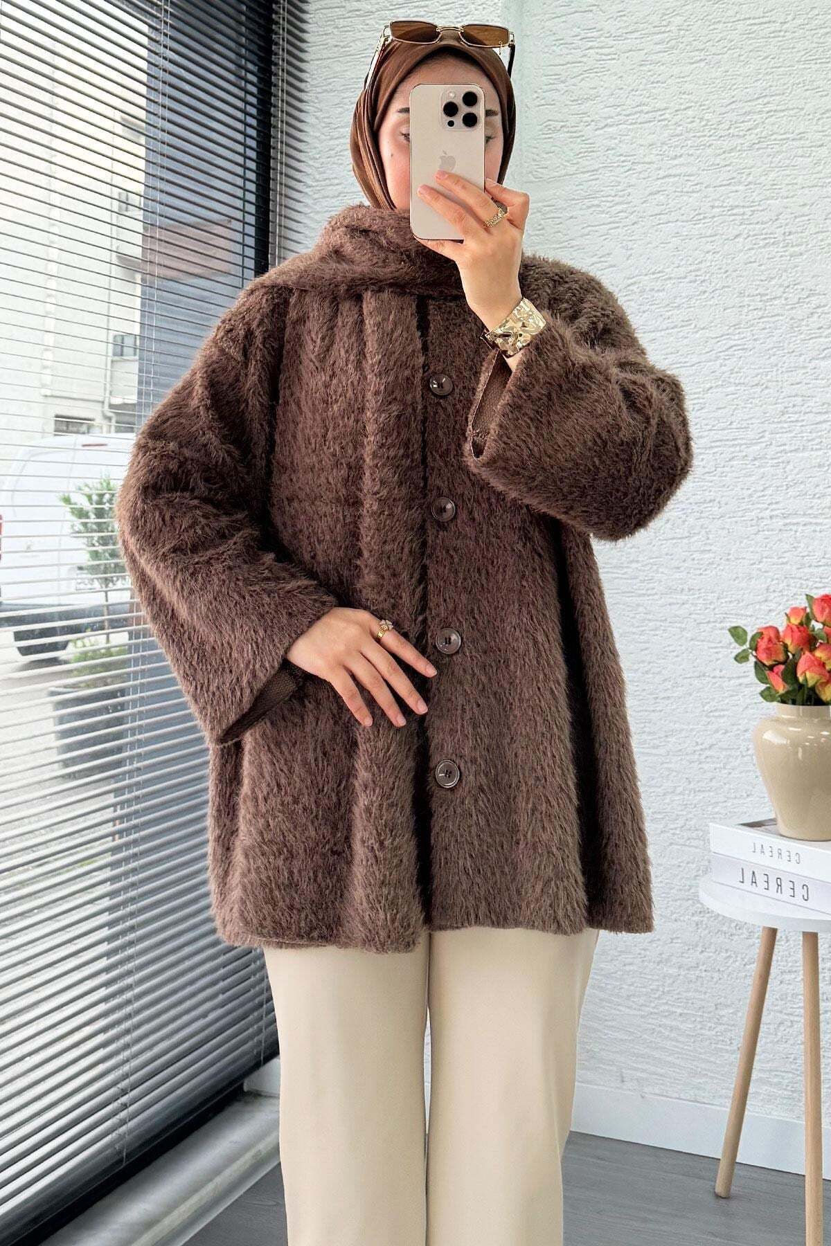 MELEK ARAZ Premıum Atkılı Peluş Kadın Kaban, Kahverengi görsel 3