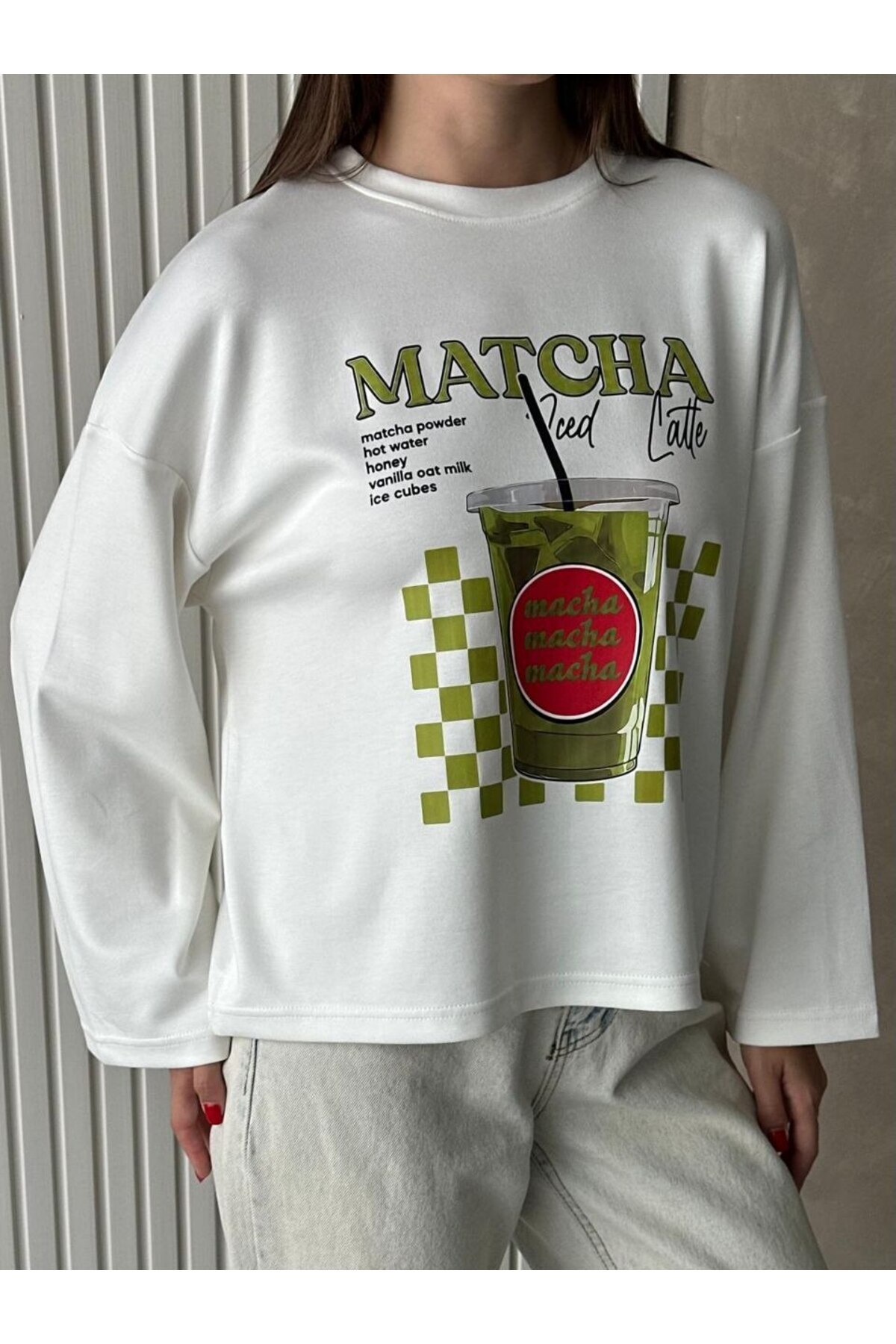 ZF BUTİK Matcha Baskılı Tesettüre Uygun Uzun Kollu Pamuklu Bluz\T-Shirt görsel 3