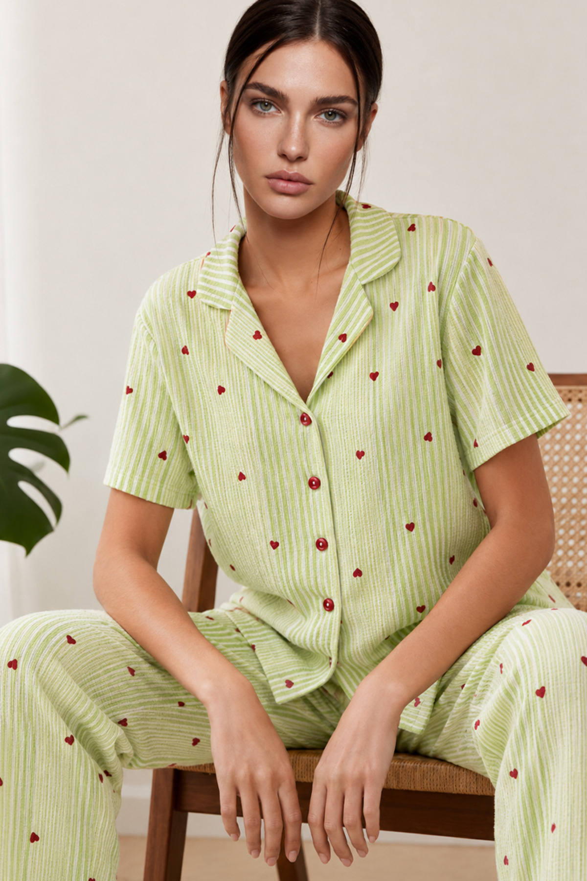 FİT WOMEN Kadın Kısa Kollu Rahat Yeşil Pijama Takımı 4732