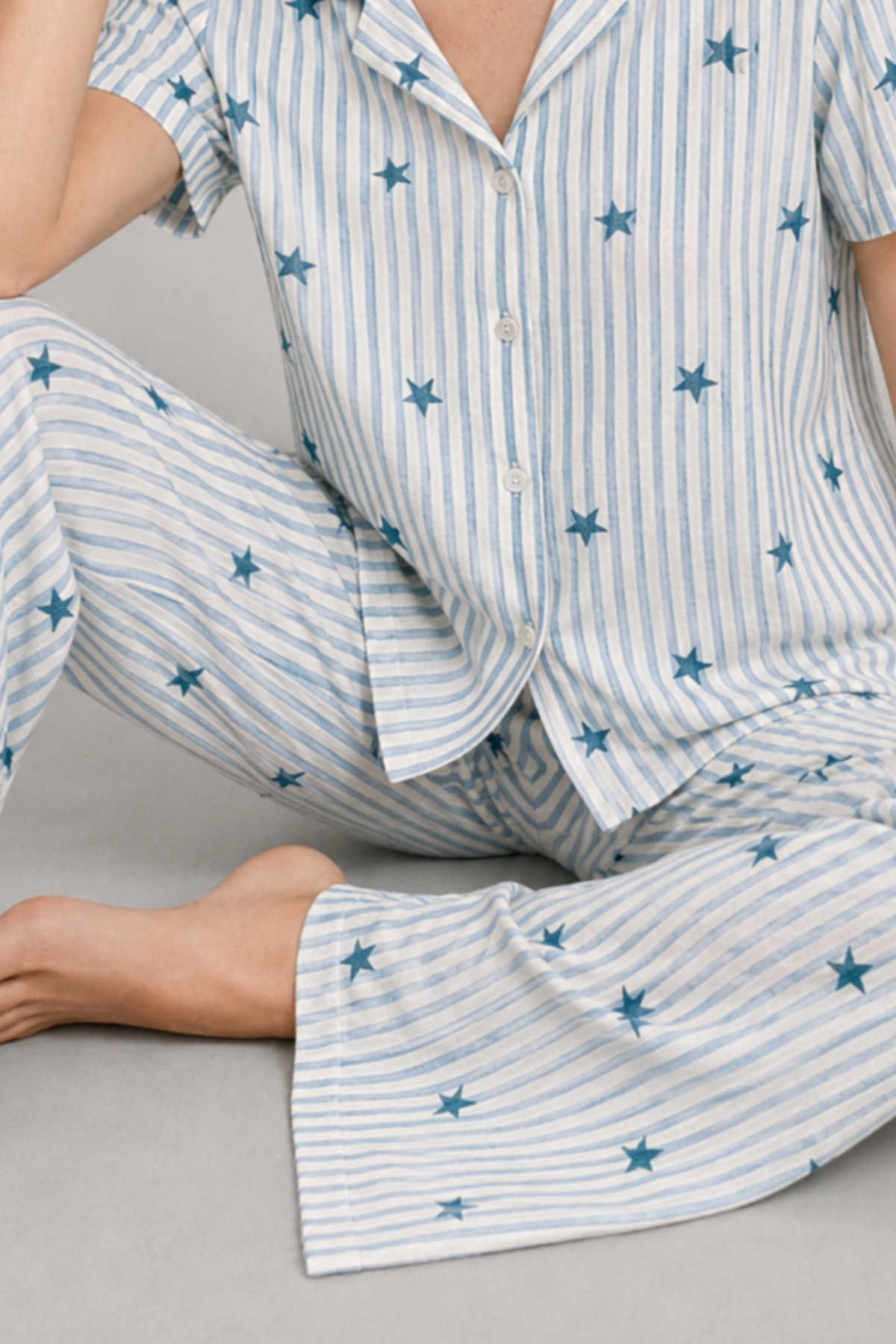 FİT WOMEN Kadın Kısa Kollu Rahat Mavi Pijama Takımı 4728 görsel 5