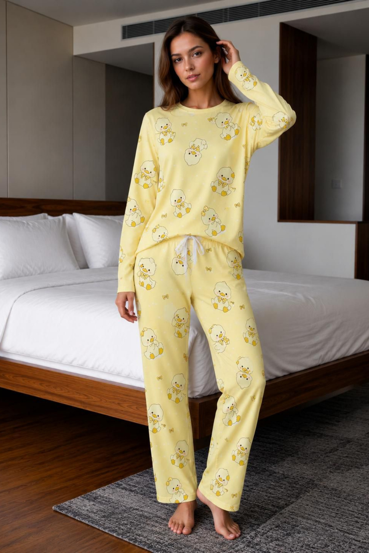 Fanwet Sarı Civciv Desenli Milan Kumaş Uzun Kollu Pijama Takımı