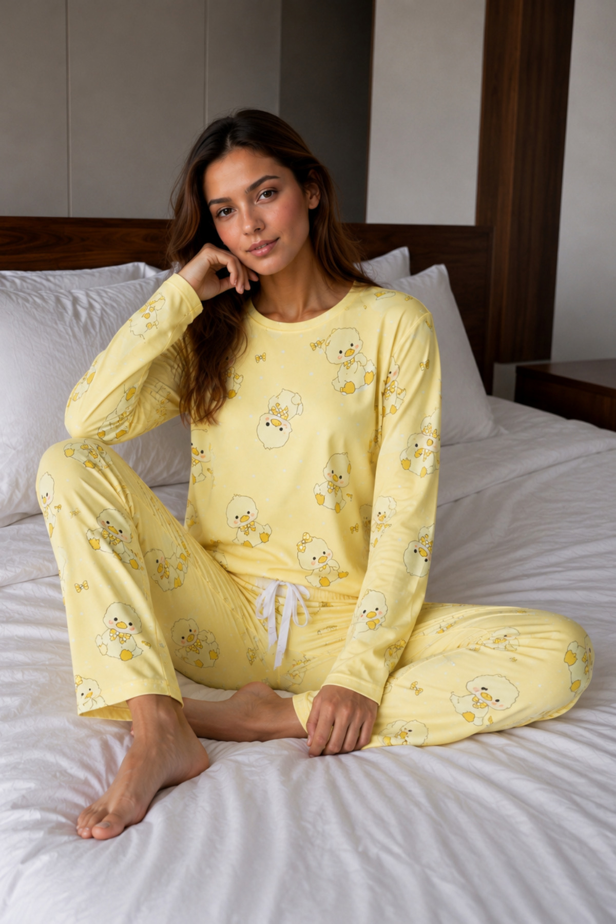 Fanwet Sarı Civciv Desenli Milan Kumaş Uzun Kollu Pijama Takımı görsel 5