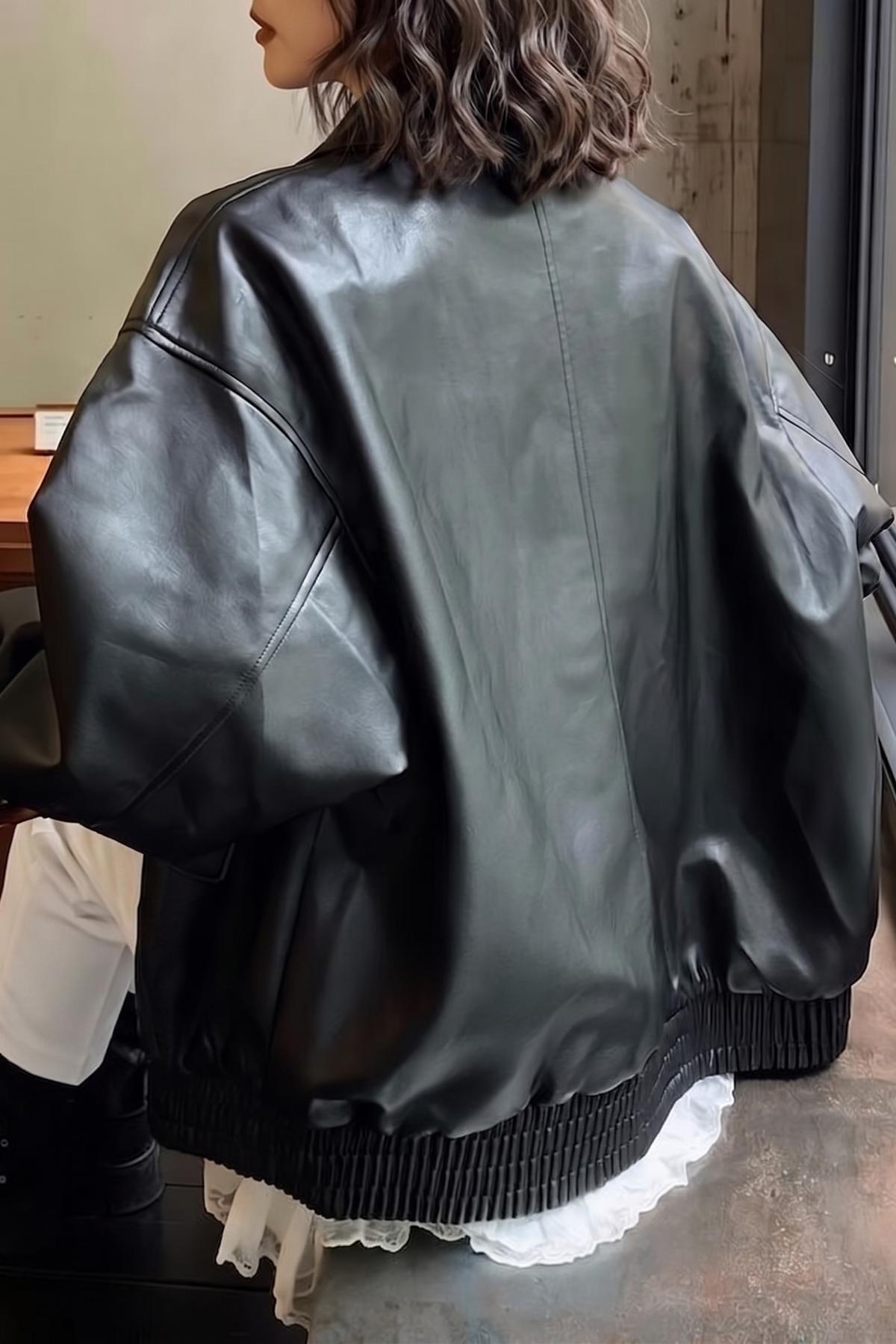 Jaglion Oversize Vintage Yumuşak Kumaş Siyah Kadın Deri Ceket görsel 3