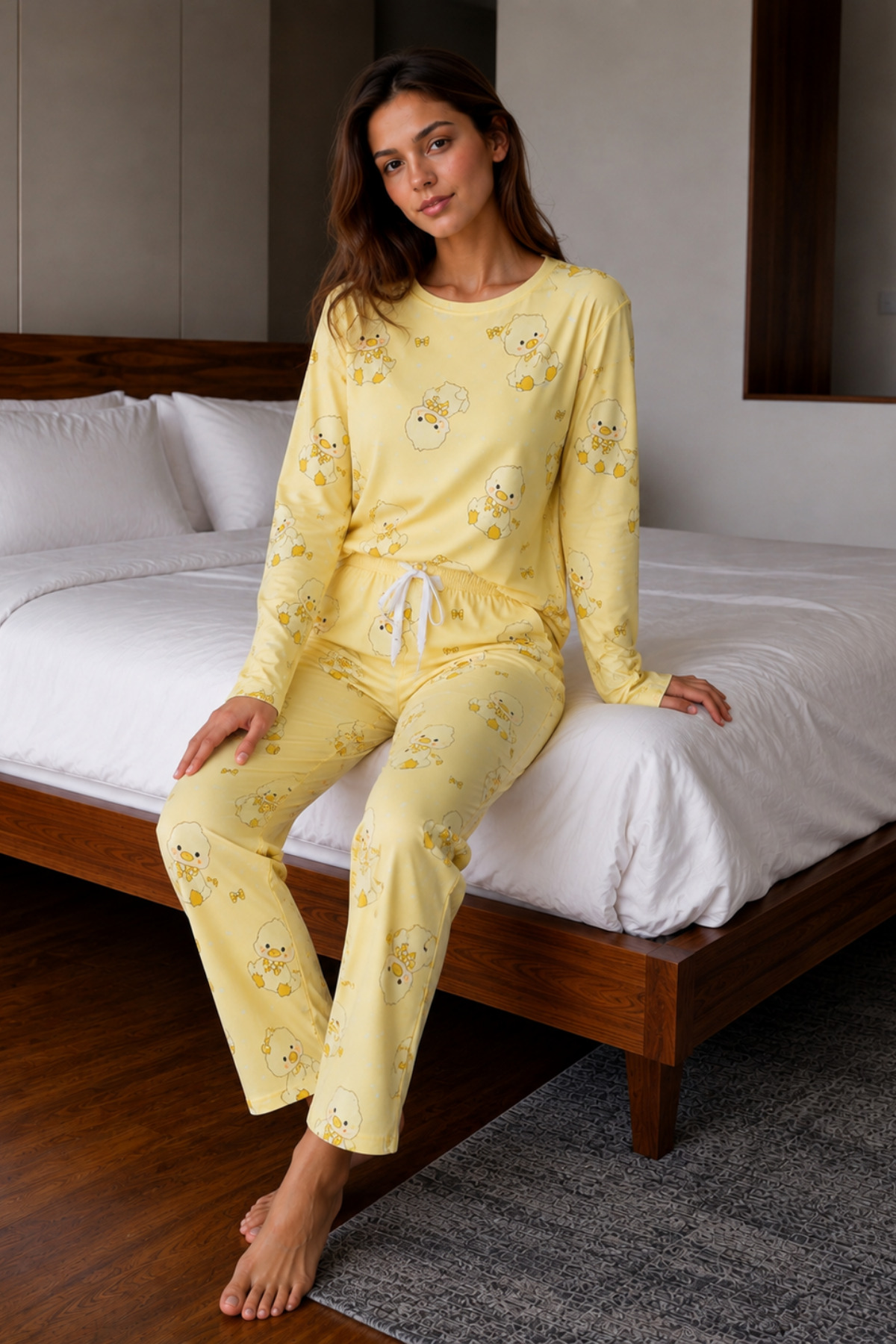 Fanwet Sarı Civciv Desenli Milan Kumaş Uzun Kollu Pijama Takımı görsel 2