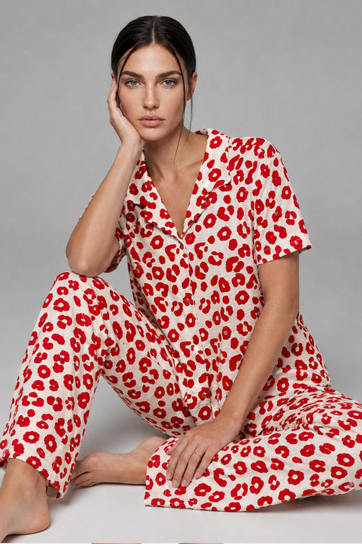 FİT WOMEN Kadın Kısa Kol Comfort Kırmızı Pijama Takımı 4725 görsel 4