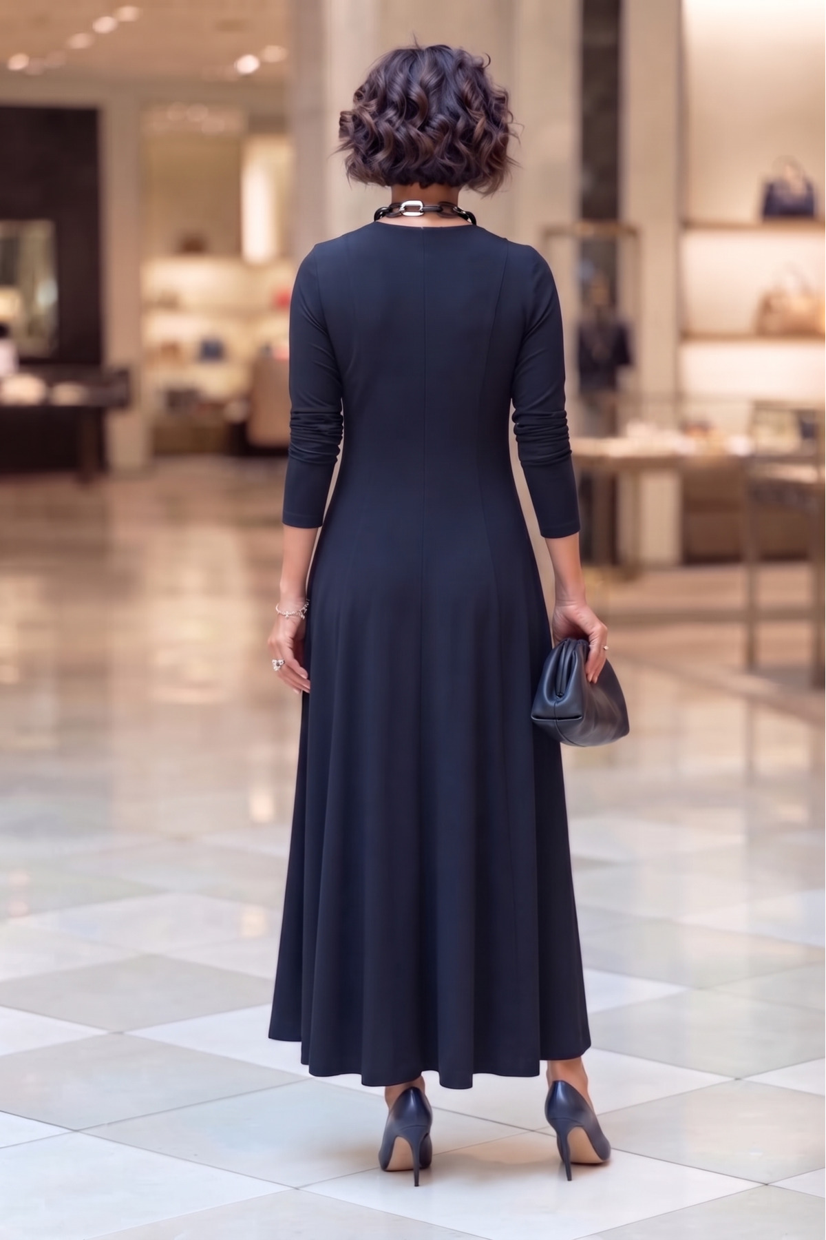 Nevin Kaya Moda Lacivert Piliseli Modal Kumaş Elbise görsel 4
